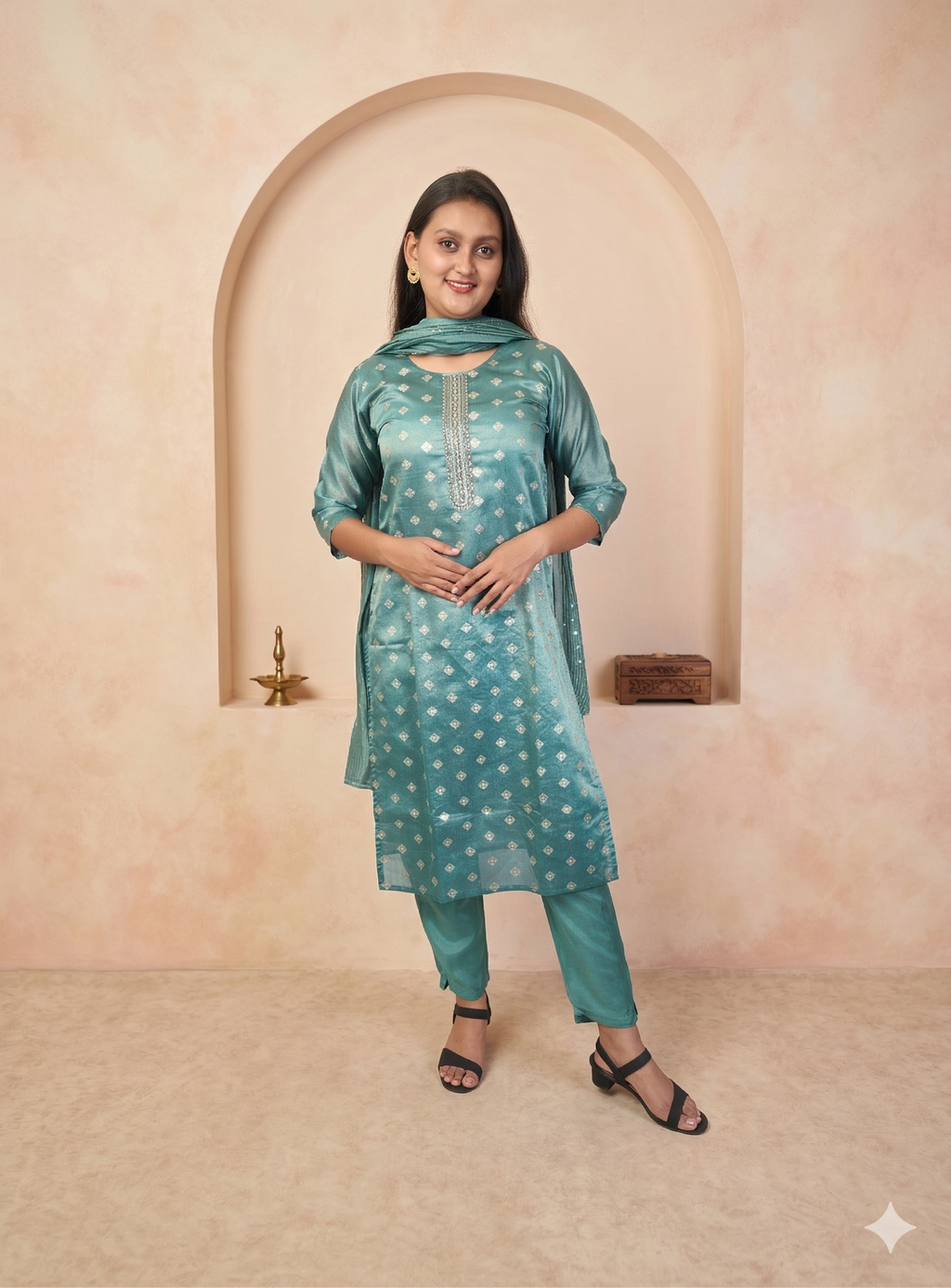 Green silk blend straight suit set with dupatta