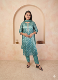 Green silk blend straight suit set with dupatta