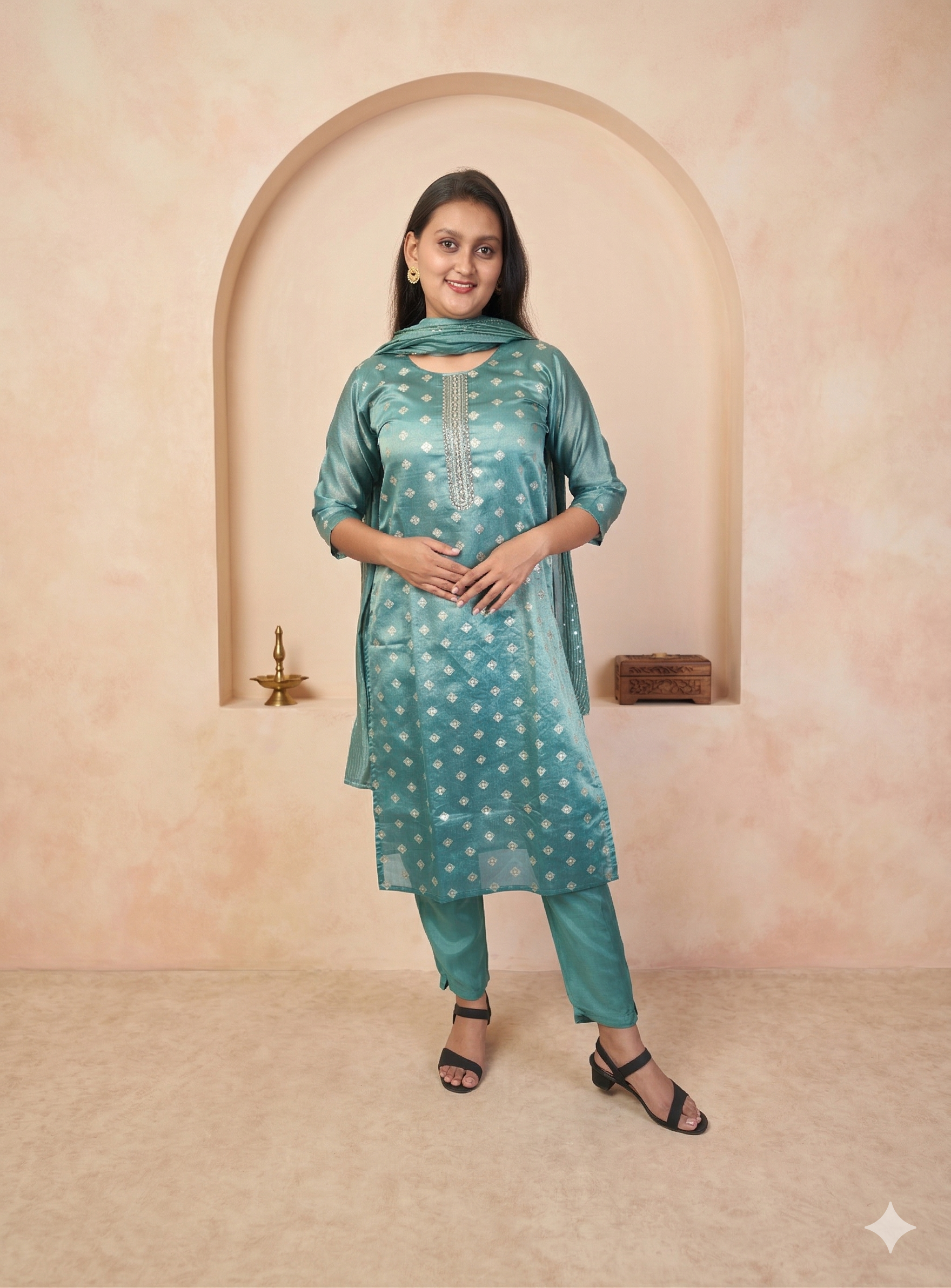 Green silk blend straight suit set with dupatta