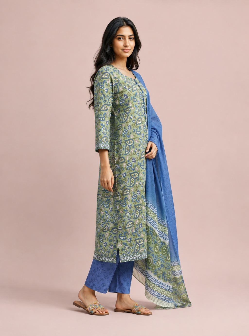 Fern Breeze Pastel Green Floral Pure Cotton Kurta Suit Set with Dupatta