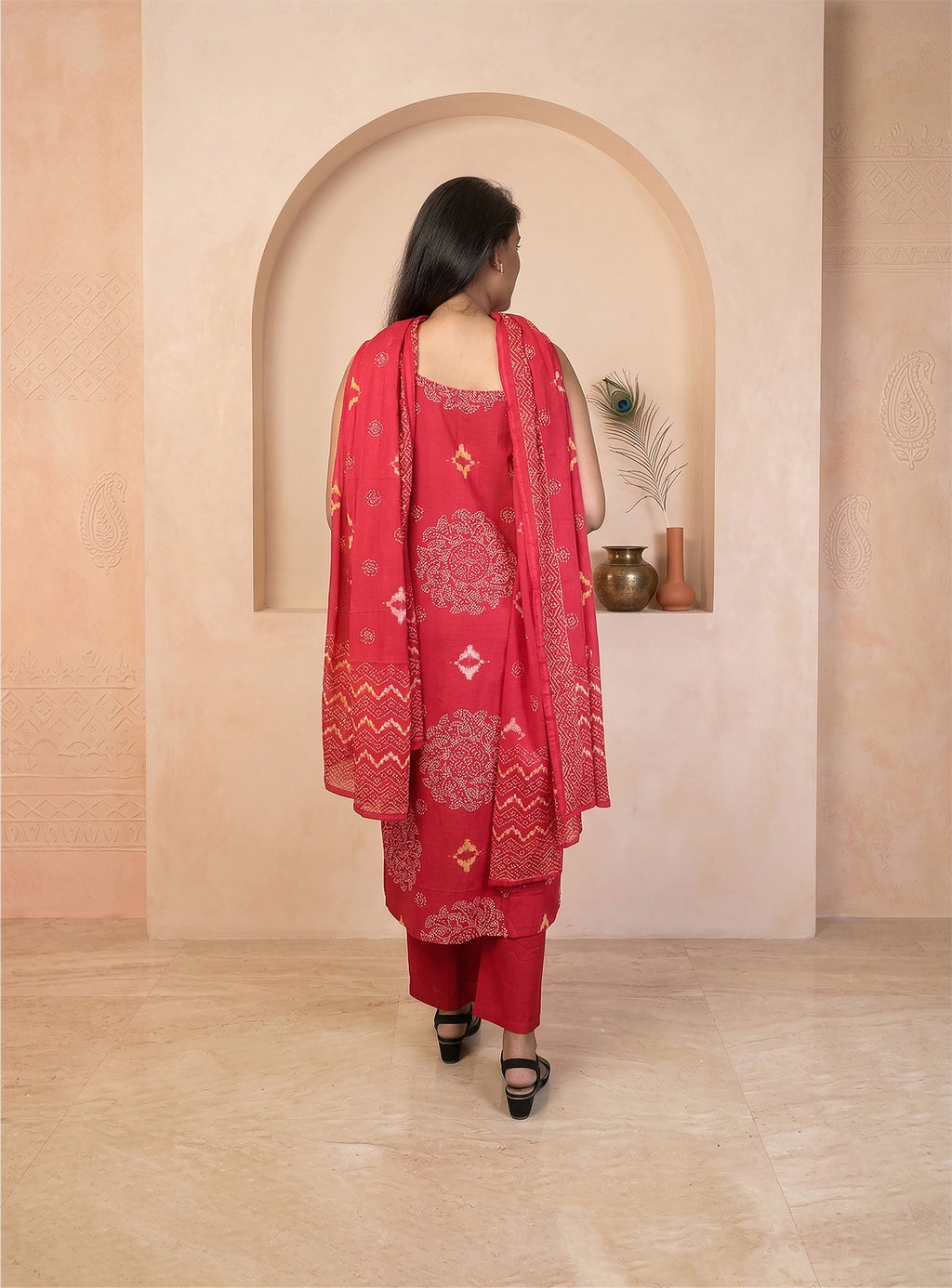 Pink cotton printed straight suit with dupatta