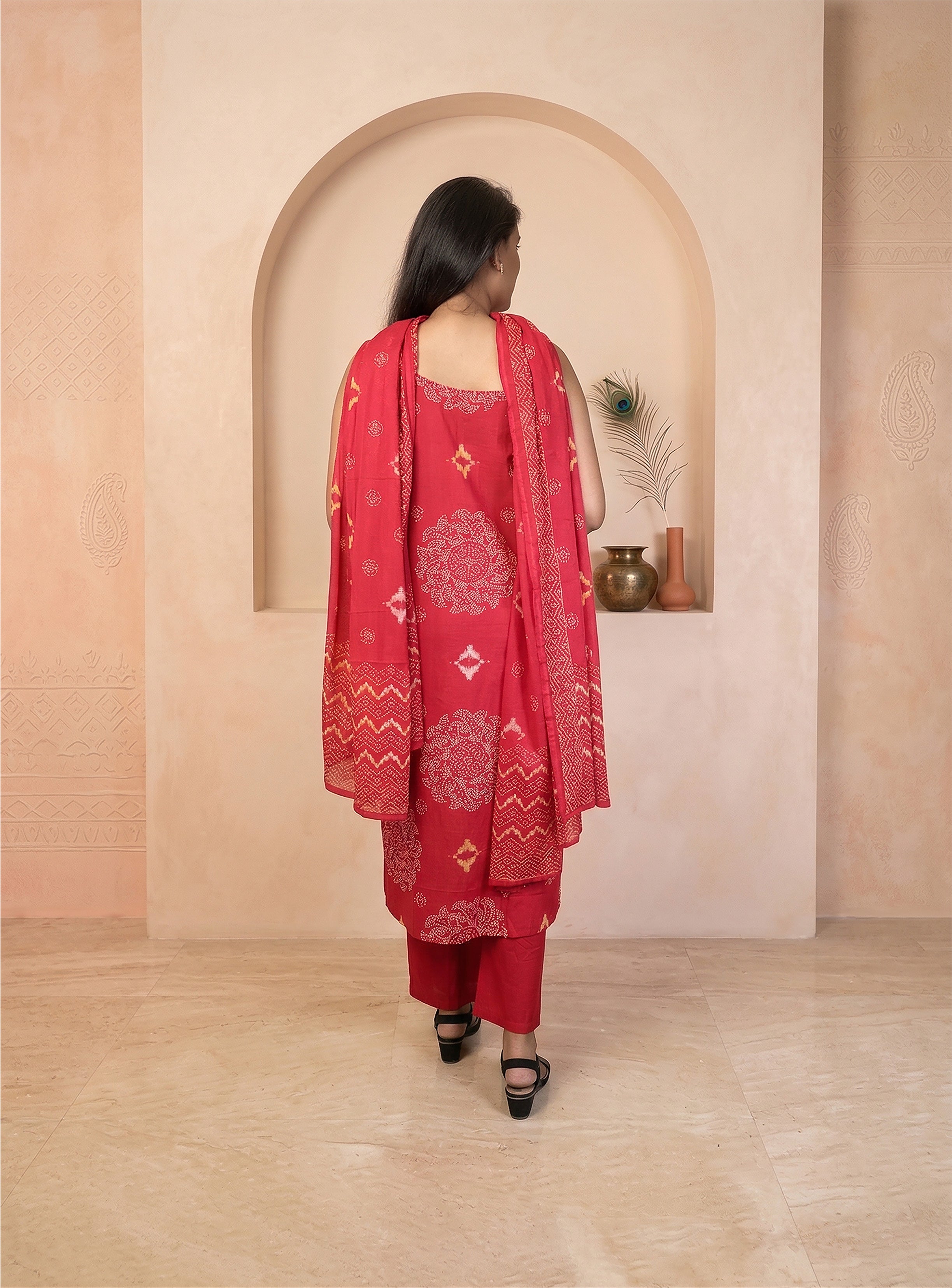 Pink cotton printed straight suit with dupatta