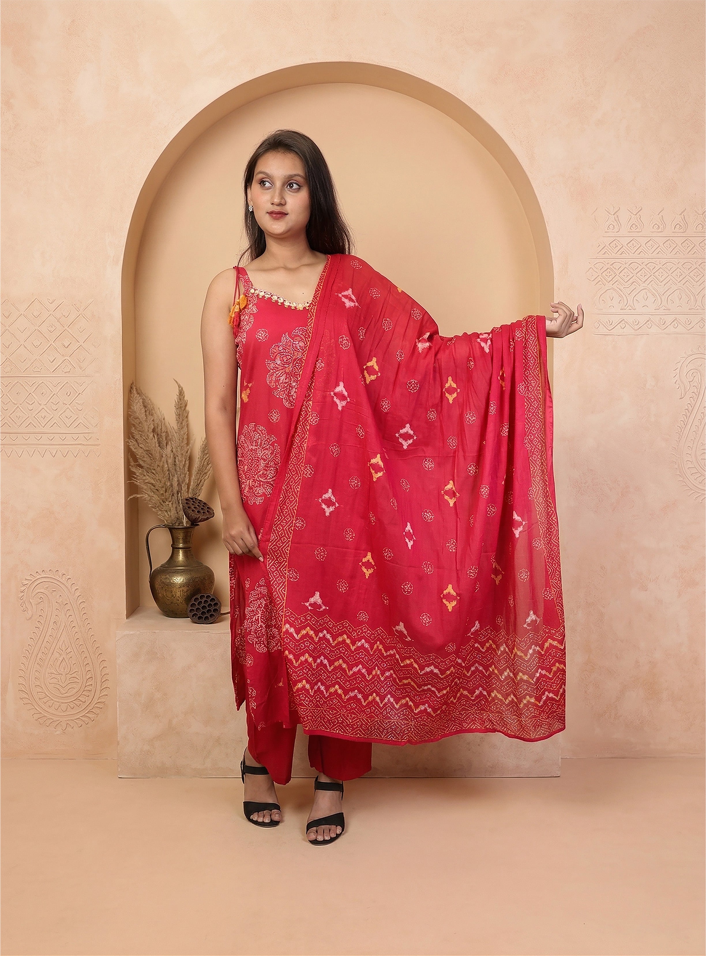 Pink cotton printed straight suit with dupatta