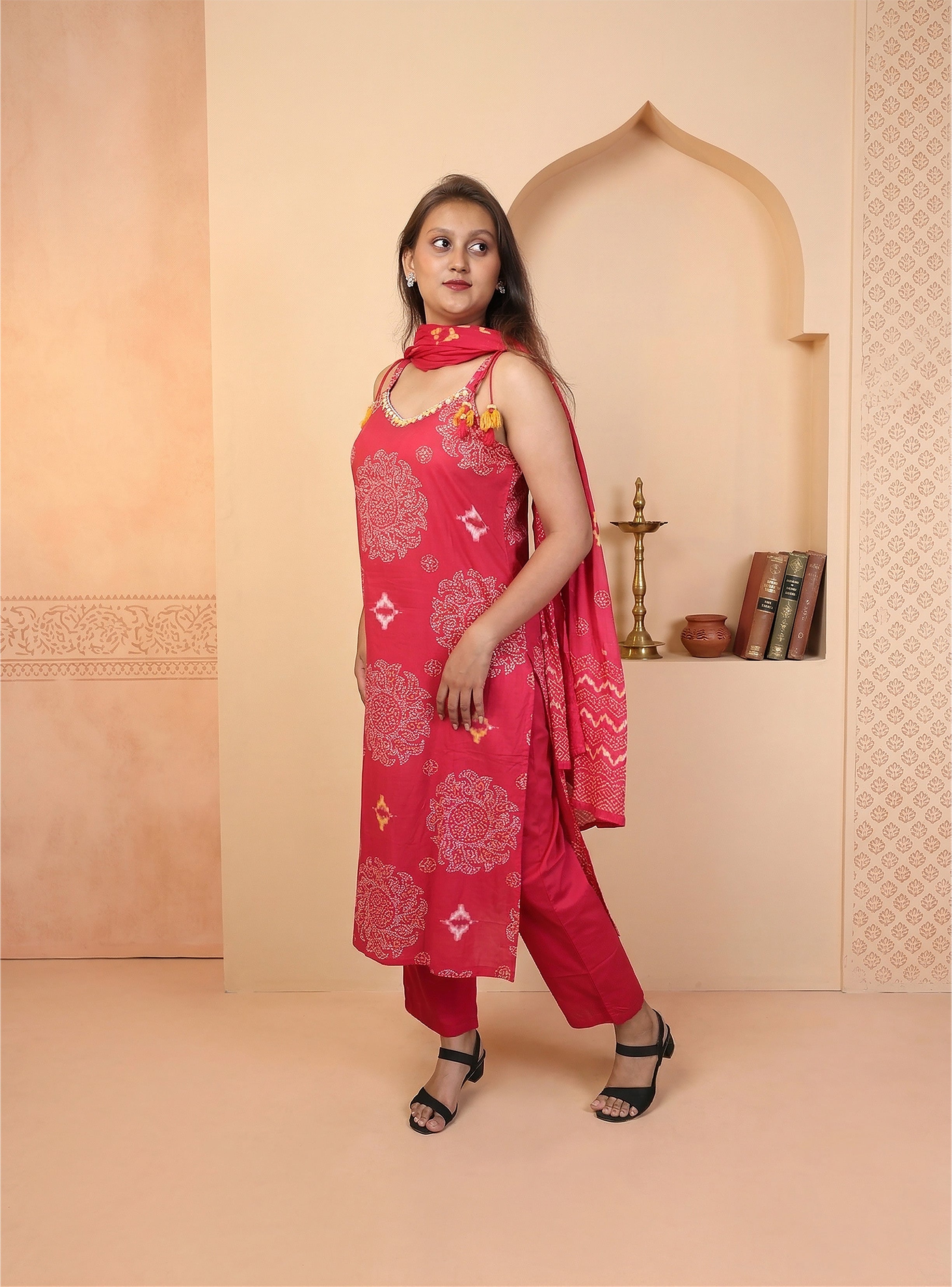Pink cotton printed straight suit with dupatta