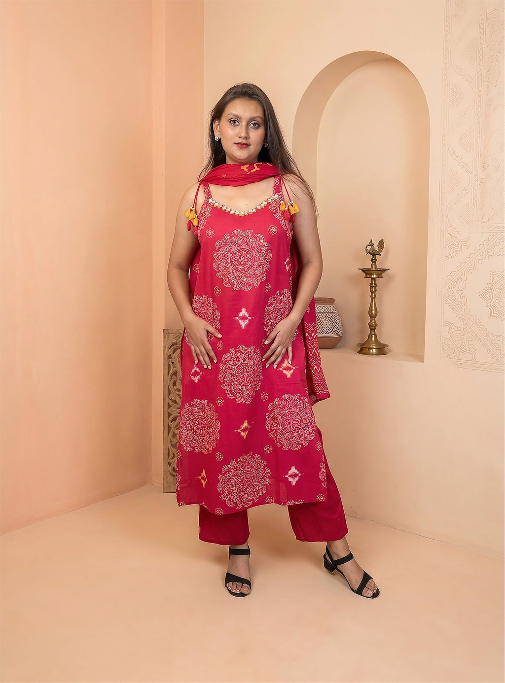 Pink cotton printed straight suit with dupatta