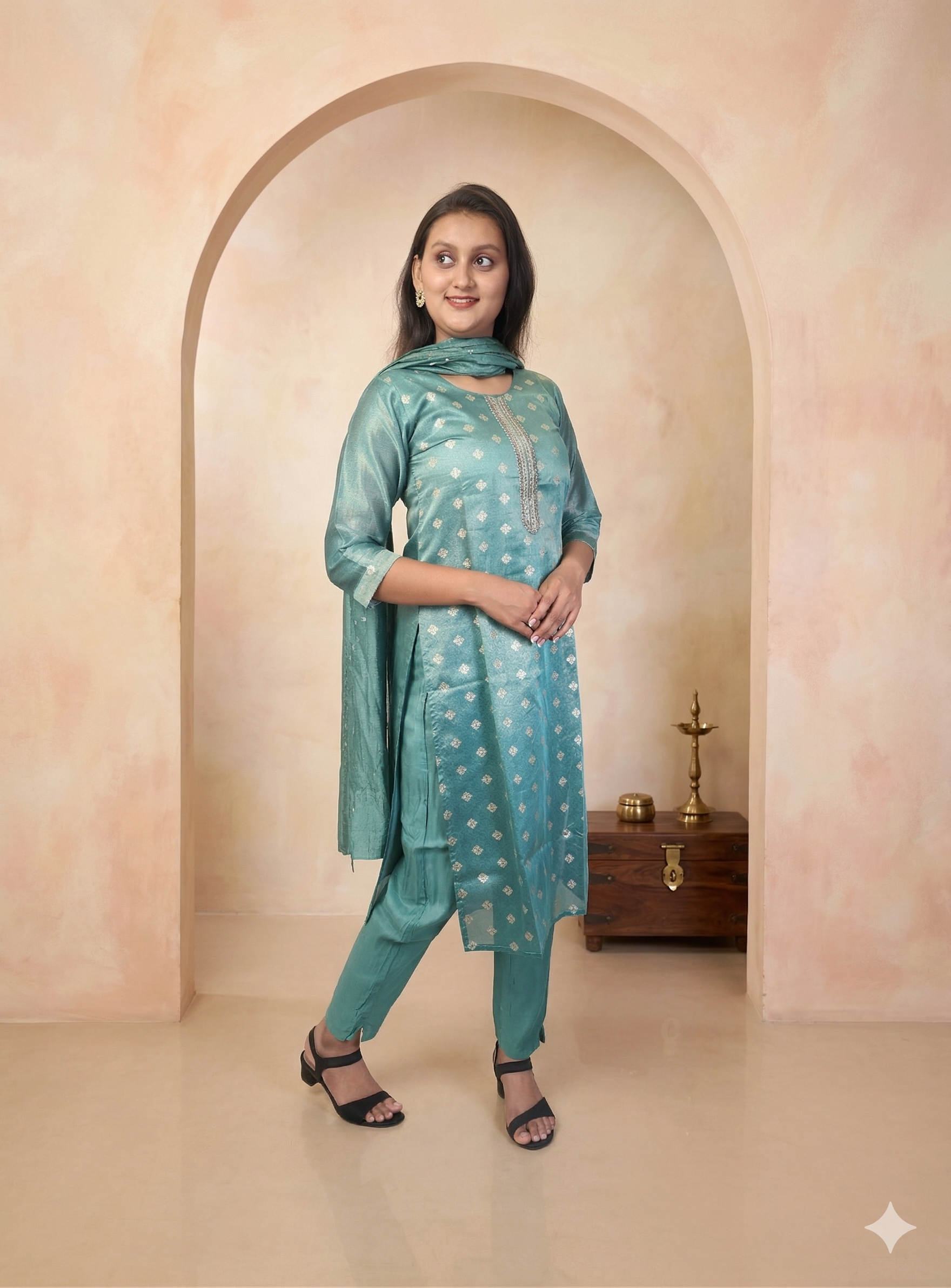 Green silk blend straight suit set with dupatta