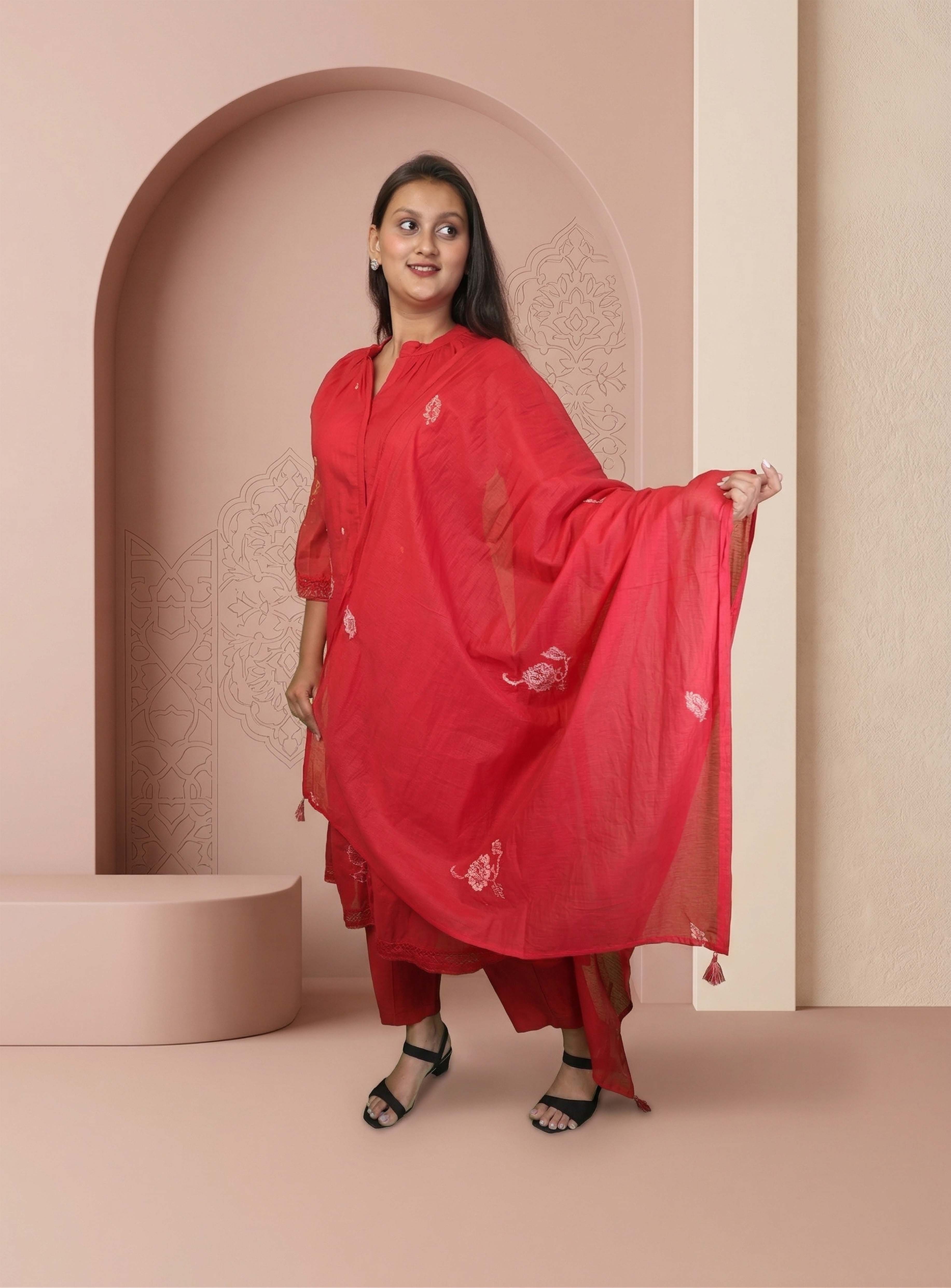 Red cotton silk kota doriya straight suit set with dupatta