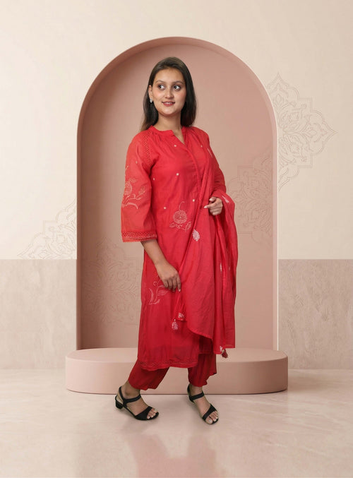 Crimson Rose Red Cotton Silk Kota Doriya Straight Suit Set with Dupatta