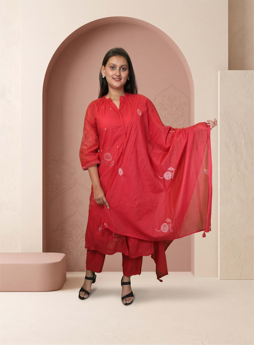 Red cotton silk kota doriya straight suit set with dupatta