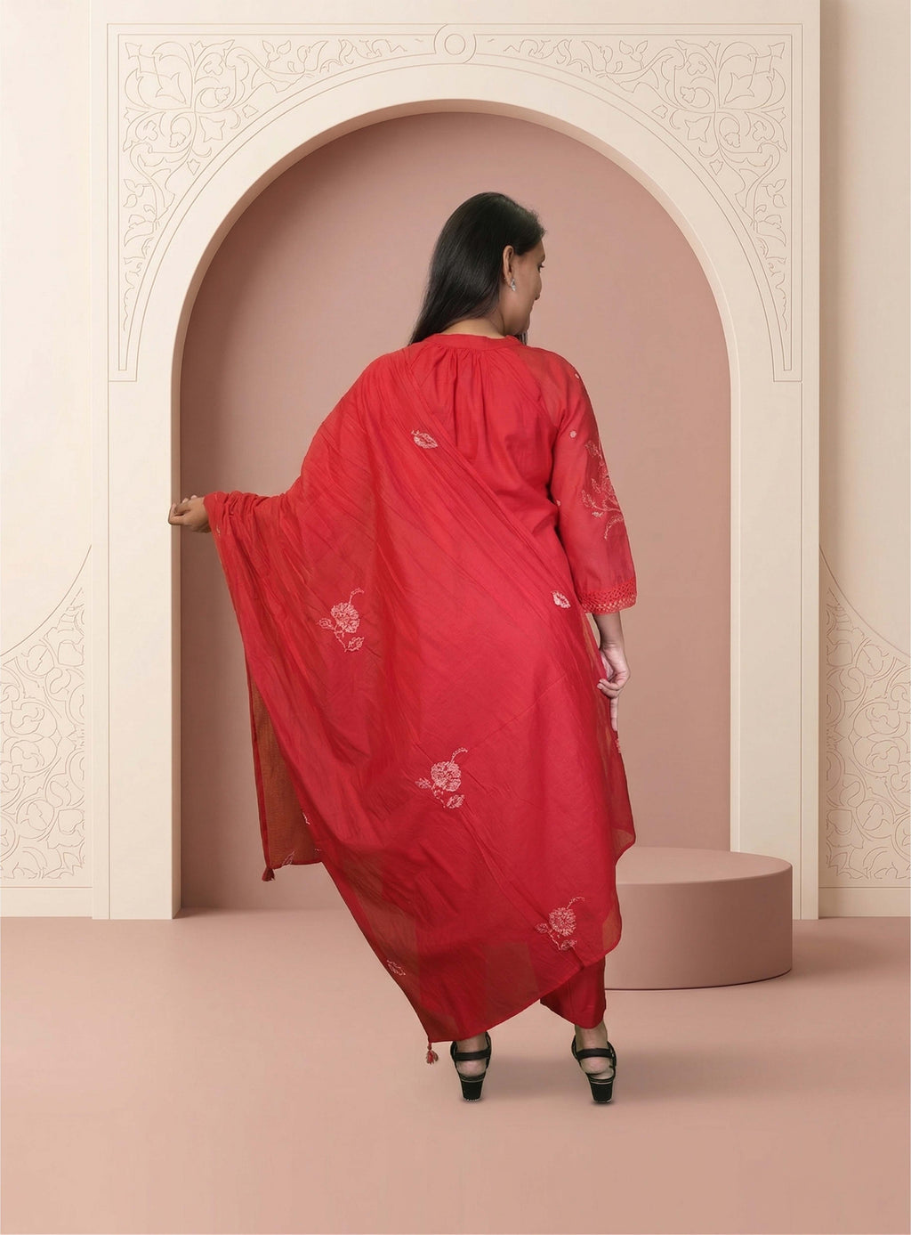 Red cotton silk kota doriya straight suit set with dupatta