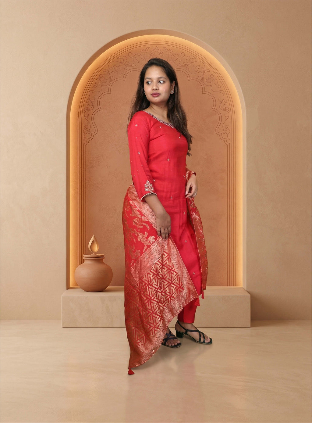 Red dola silk hand work straight suit set with dupatta