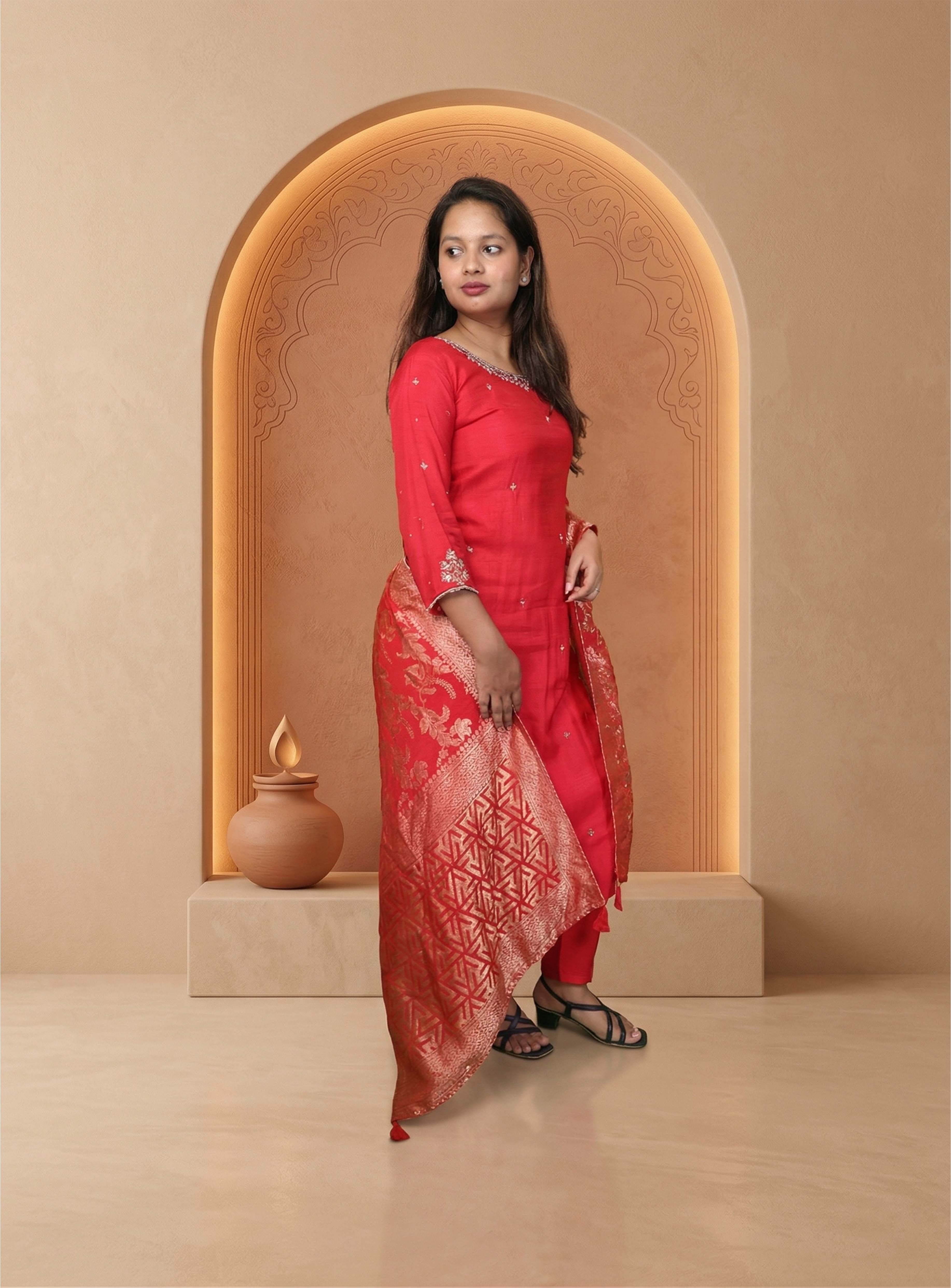 Red dola silk hand work straight suit set with dupatta