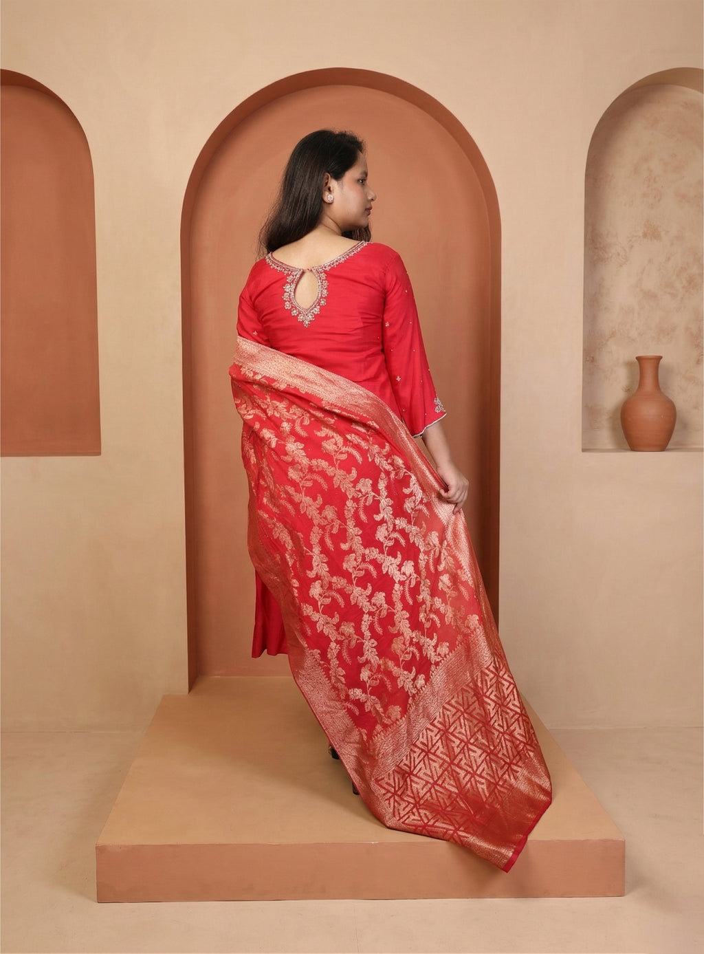 Red dola silk hand work straight suit set with dupatta
