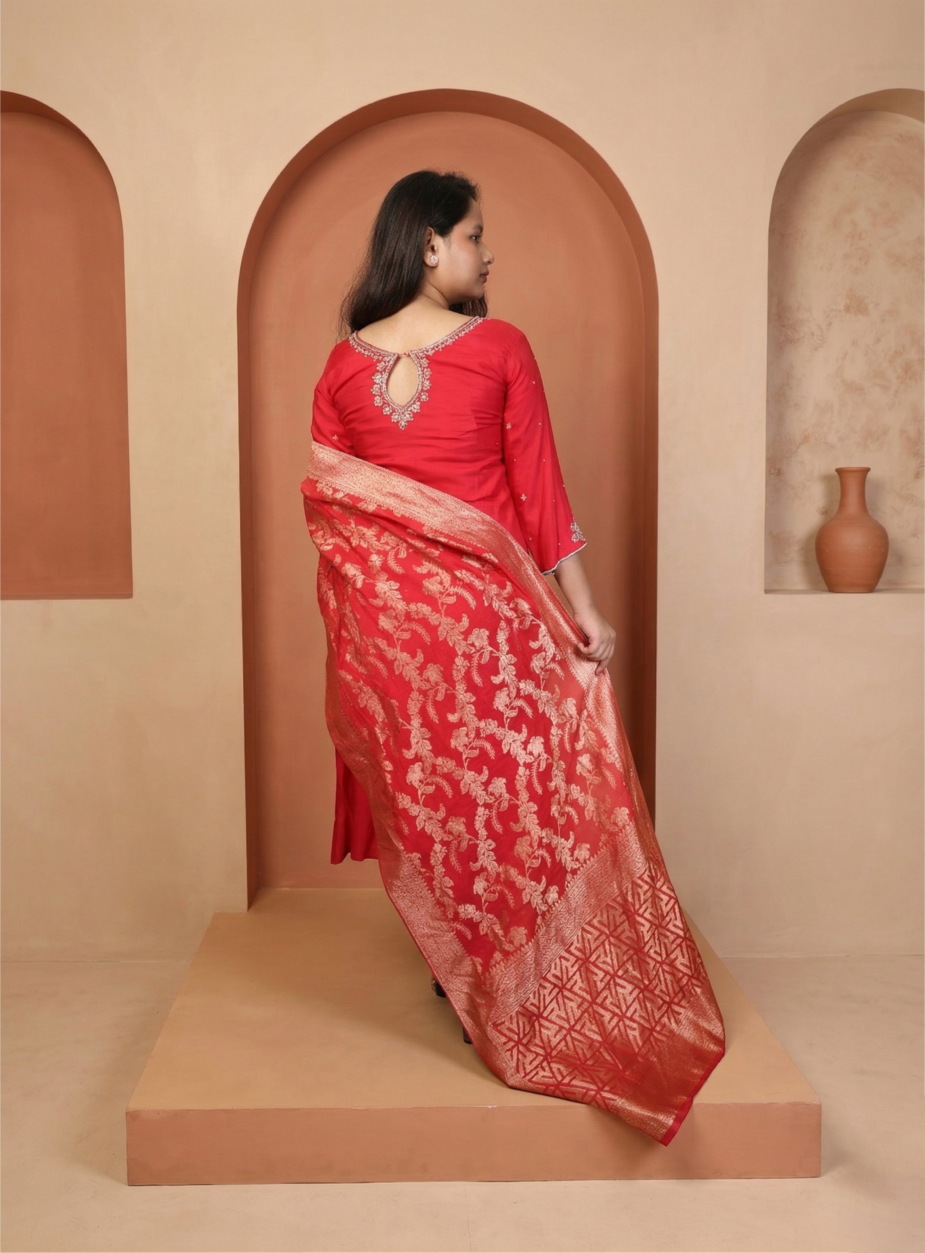 Red dola silk hand work straight suit set with dupatta
