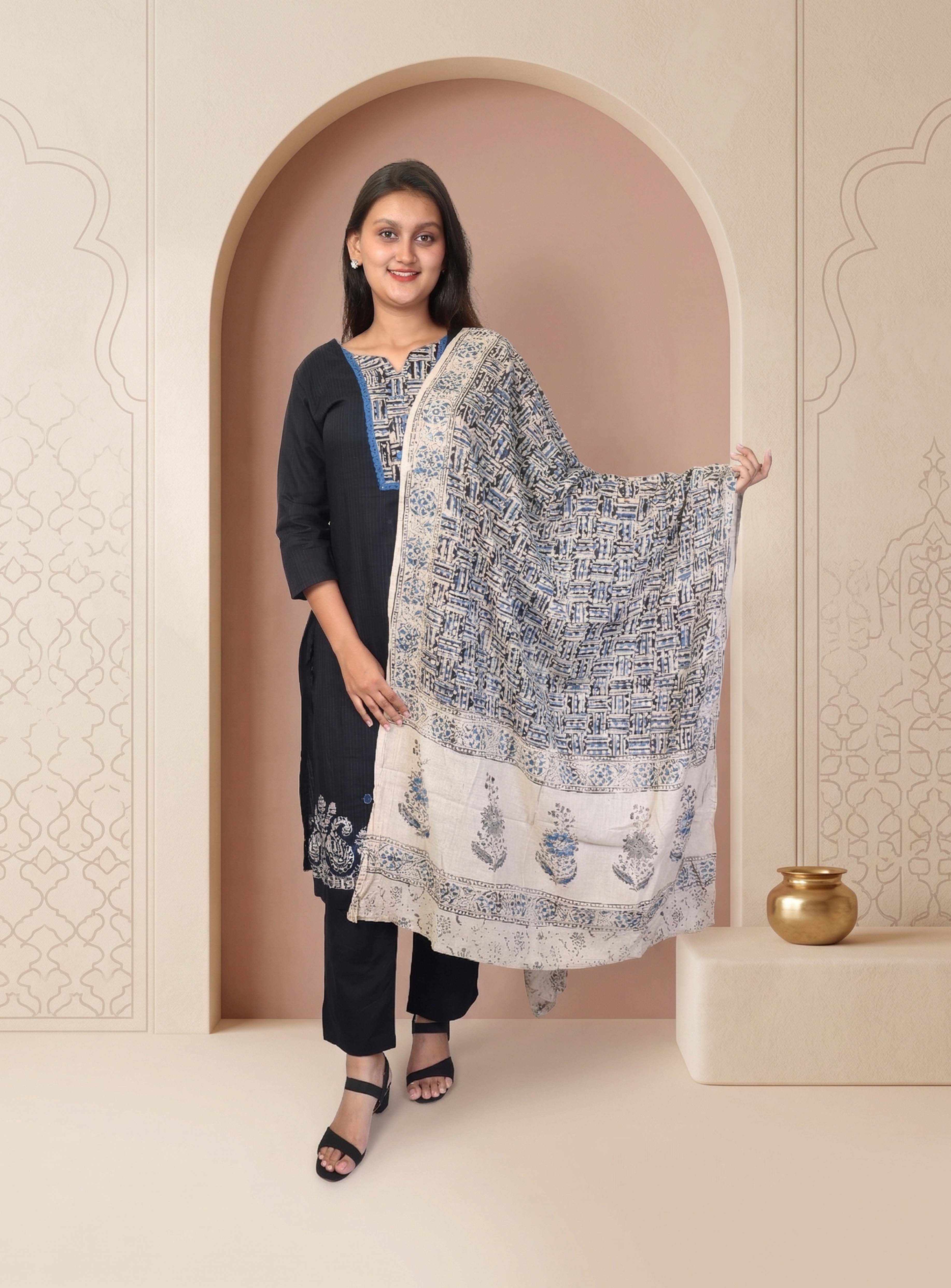 Black salli cotton hand block print straight suit set with block print dupatta