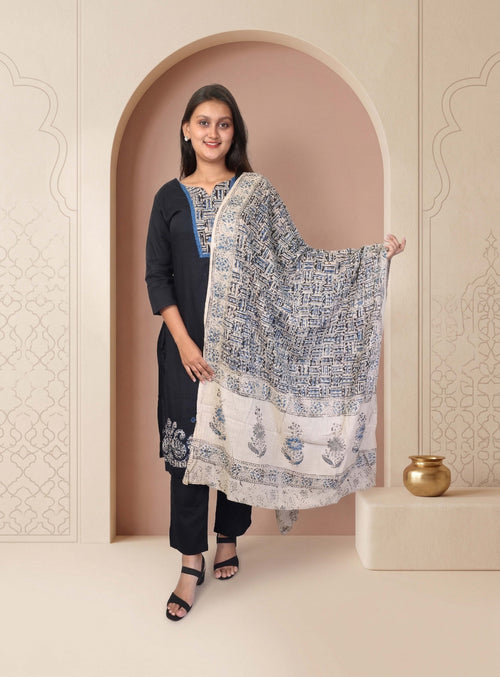 Black salli cotton hand block print straight suit set with block print dupatta