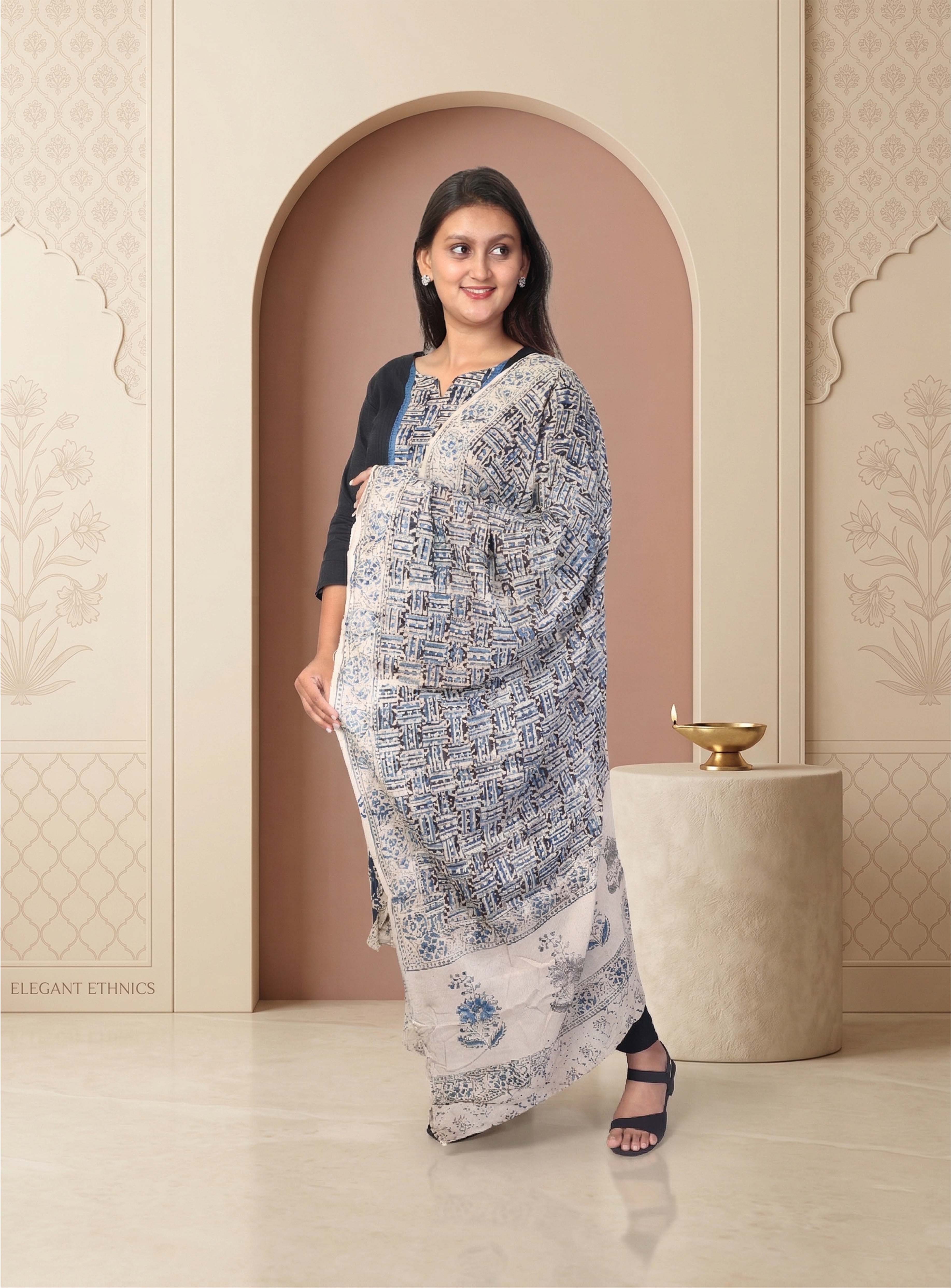 Black salli cotton hand block print straight suit set with block print dupatta