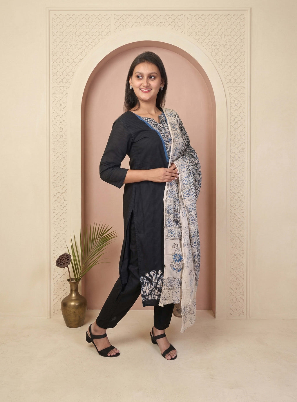 Black salli cotton hand block print straight suit set with block print dupatta