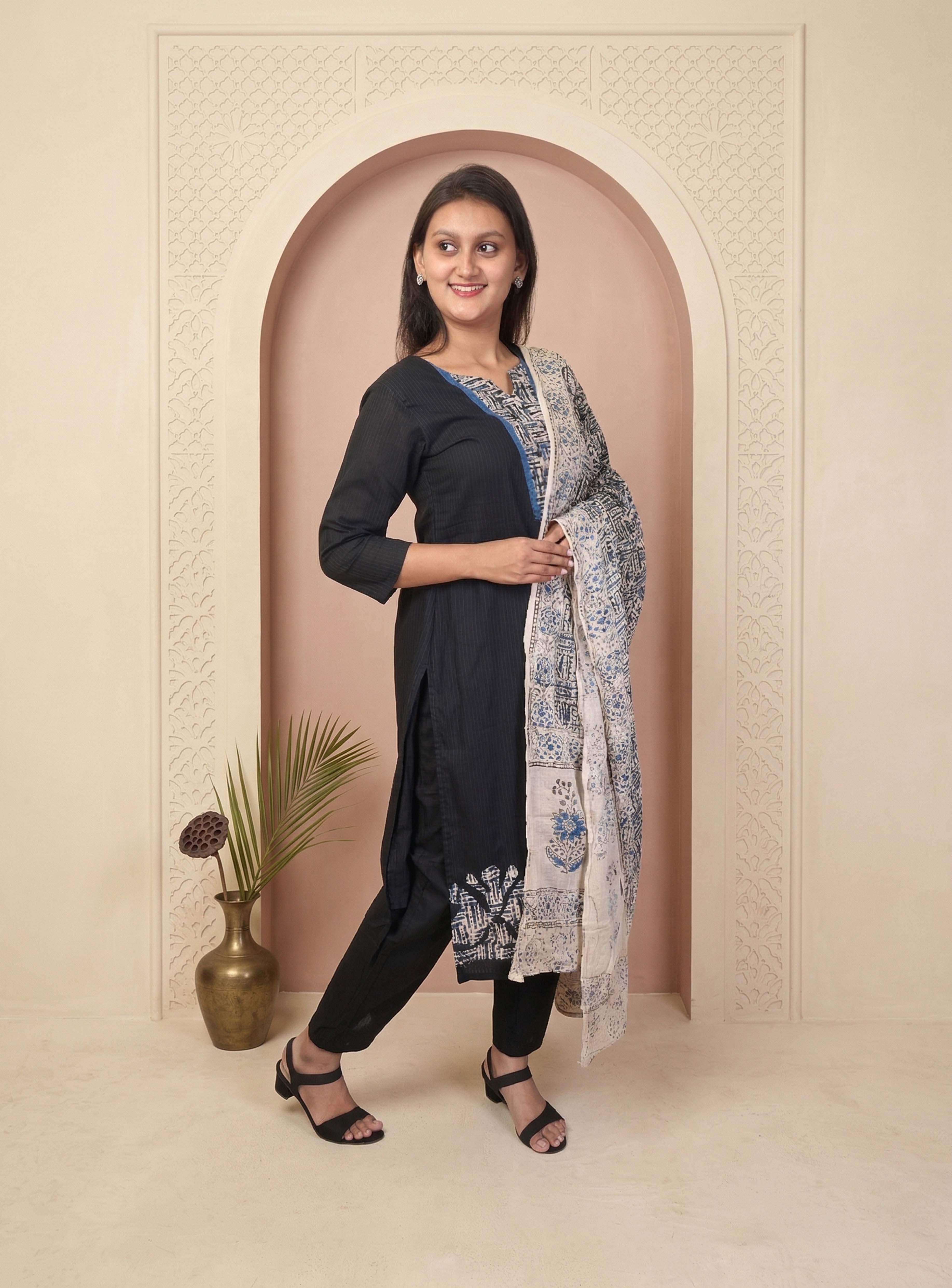 Black salli cotton hand block print straight suit set with block print dupatta
