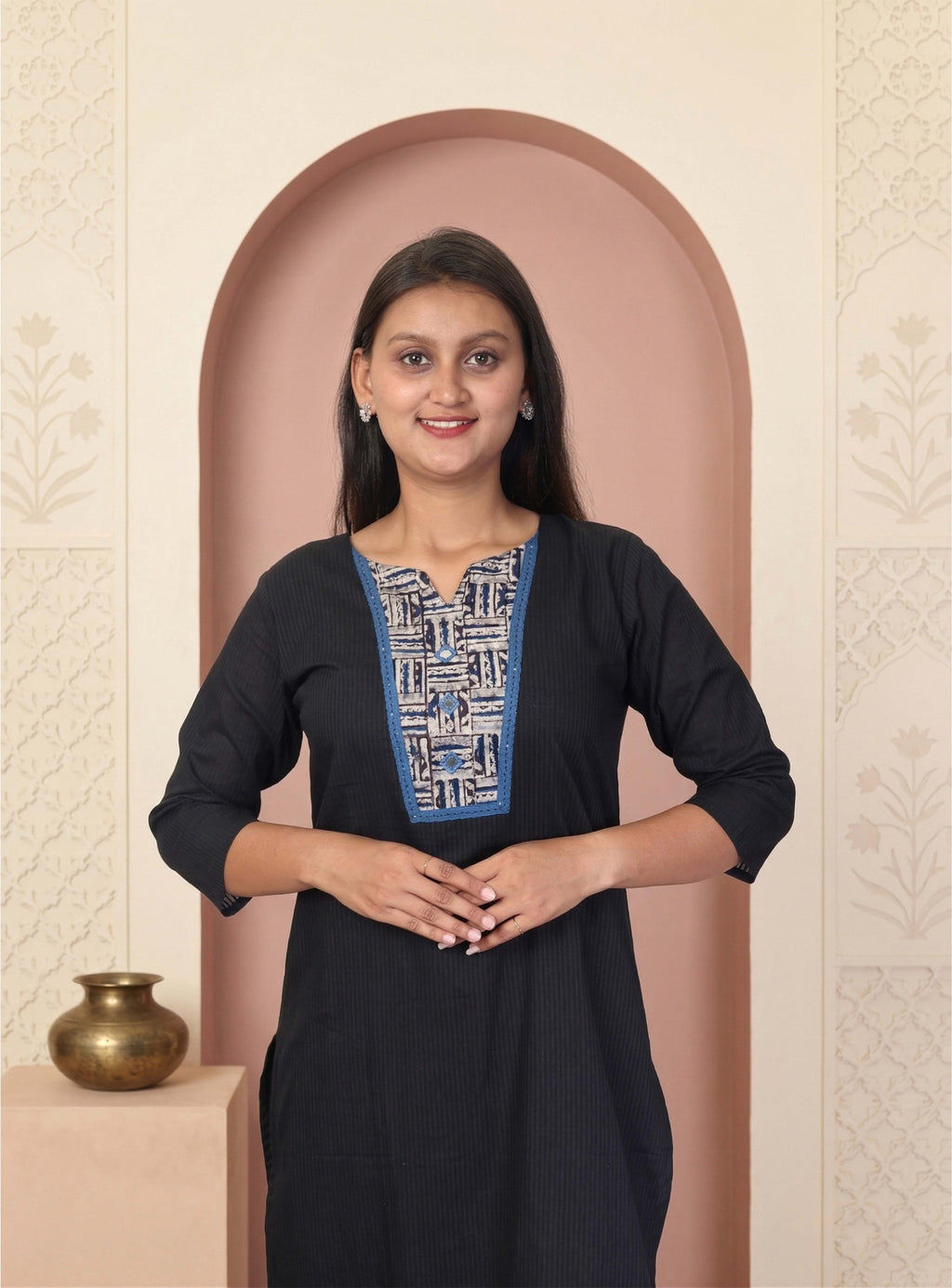 Black salli cotton hand block print straight suit set with block print dupatta