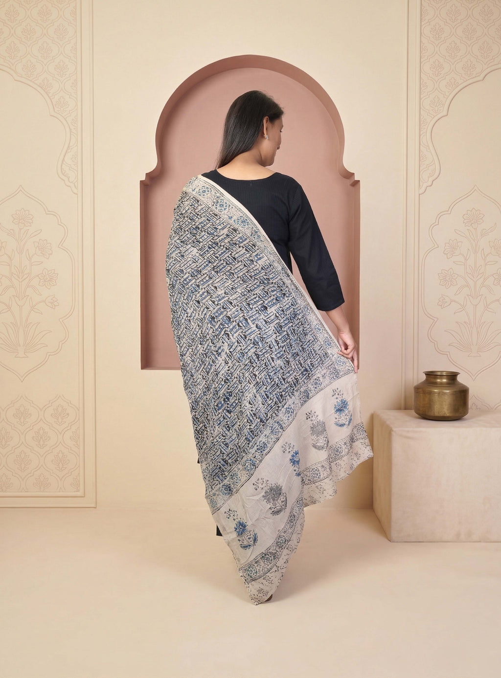 Black salli cotton hand block print straight suit set with block print dupatta
