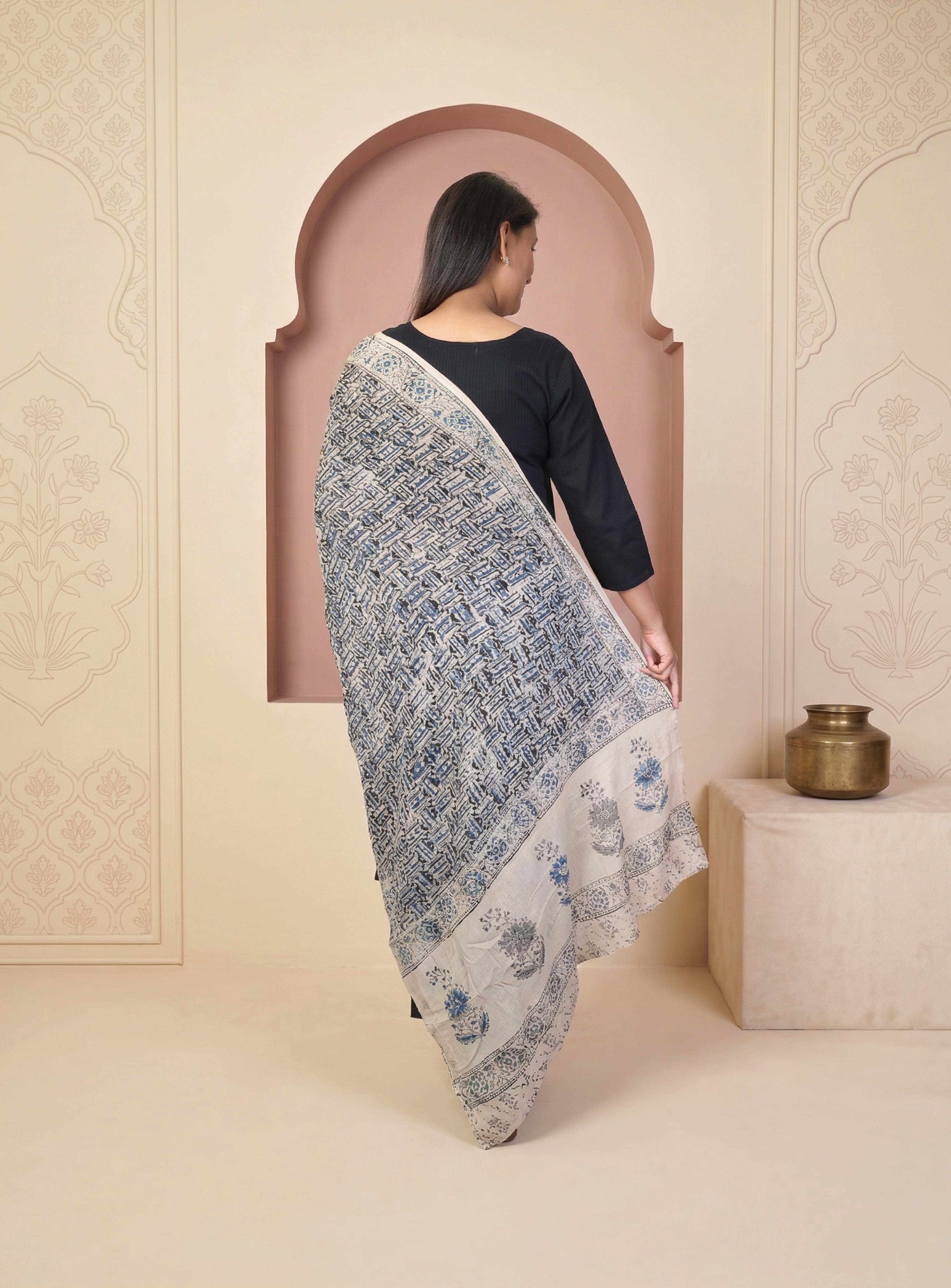 Black salli cotton hand block print straight suit set with block print dupatta
