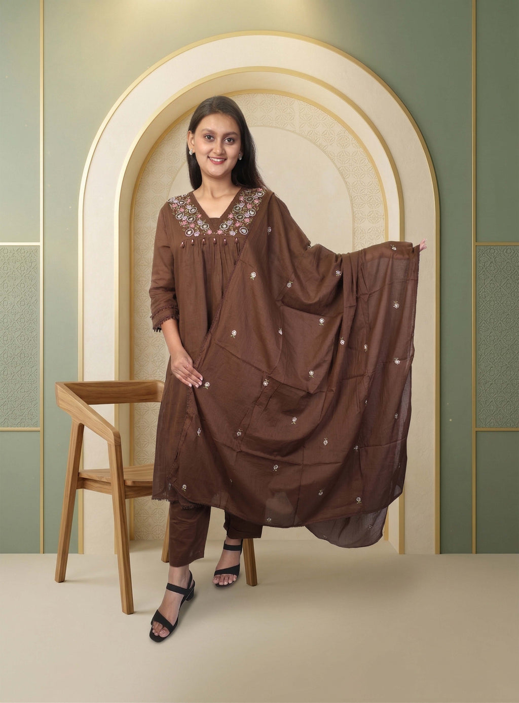 Coffee mull cotton A-line suit set with dupatta