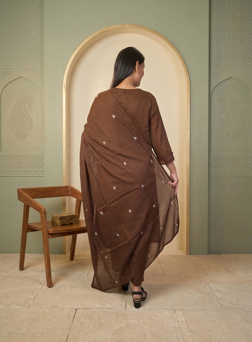 Coffee mull cotton A-line suit set with dupatta