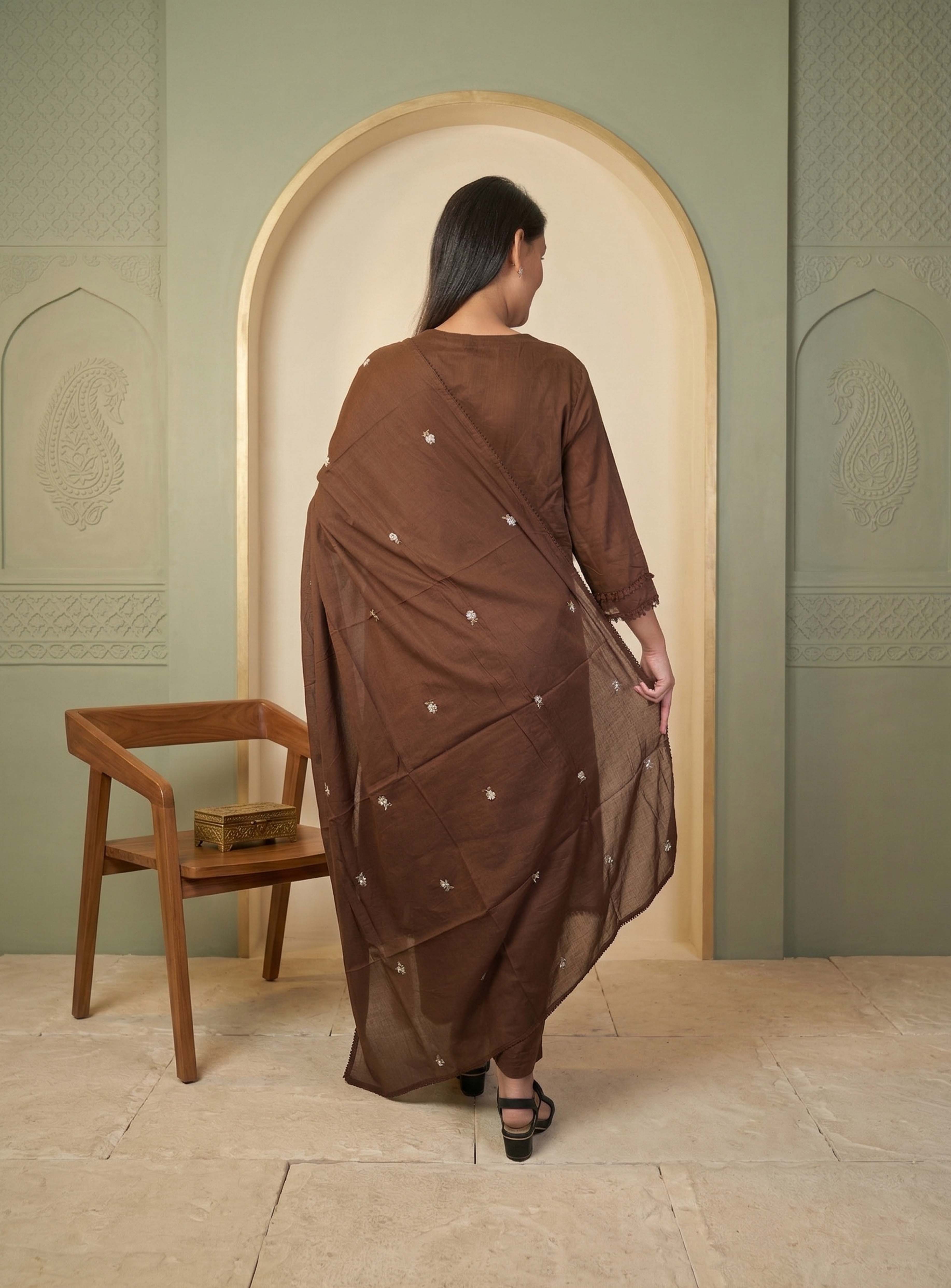 Coffee mull cotton A-line suit set with dupatta