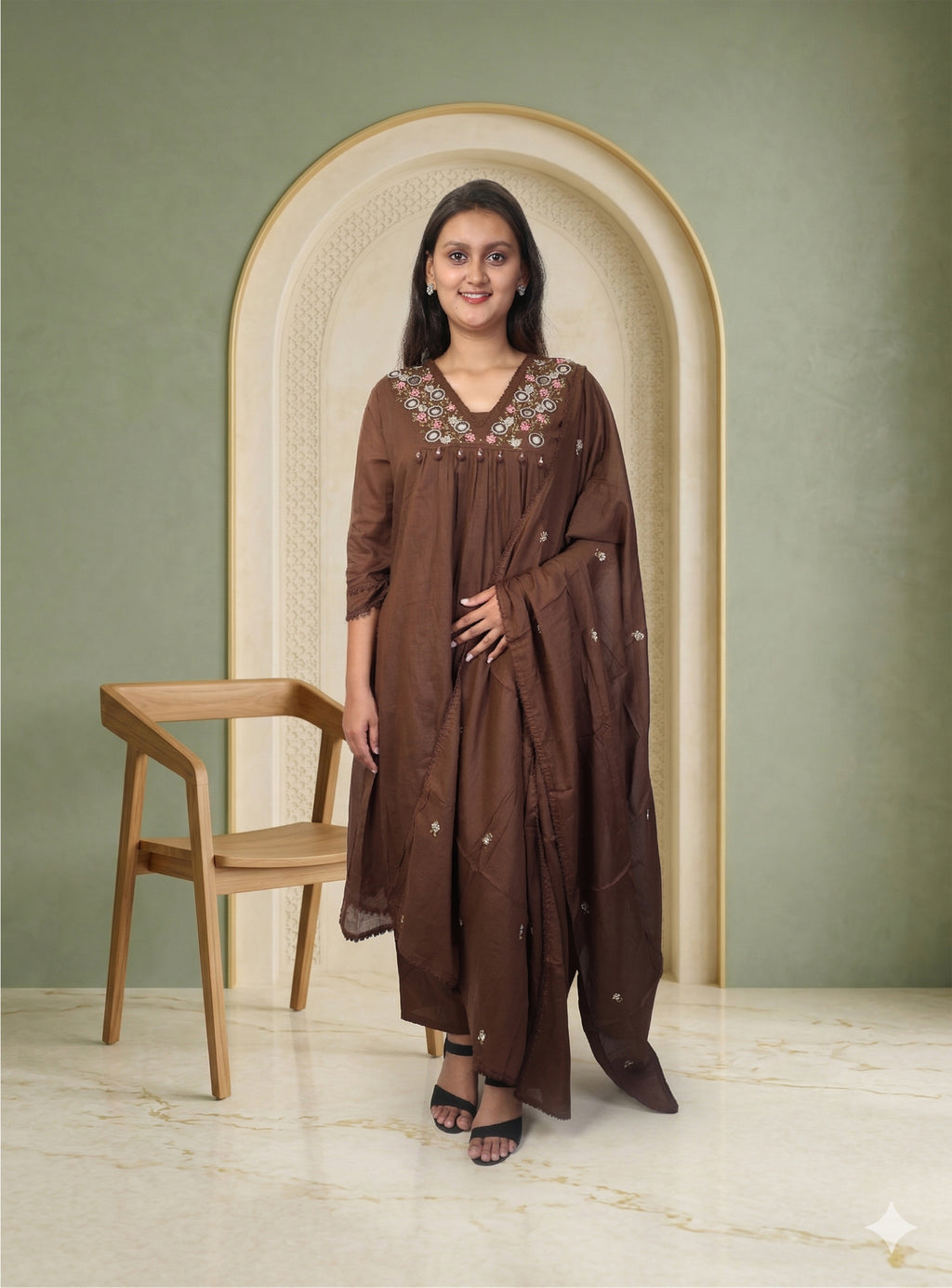 Coffee mull cotton A-line suit set with dupatta