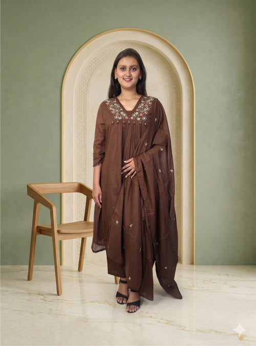 Coffee mull cotton A-line suit set with dupatta