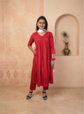 Red cotton blend anarkali suit set with dupatta