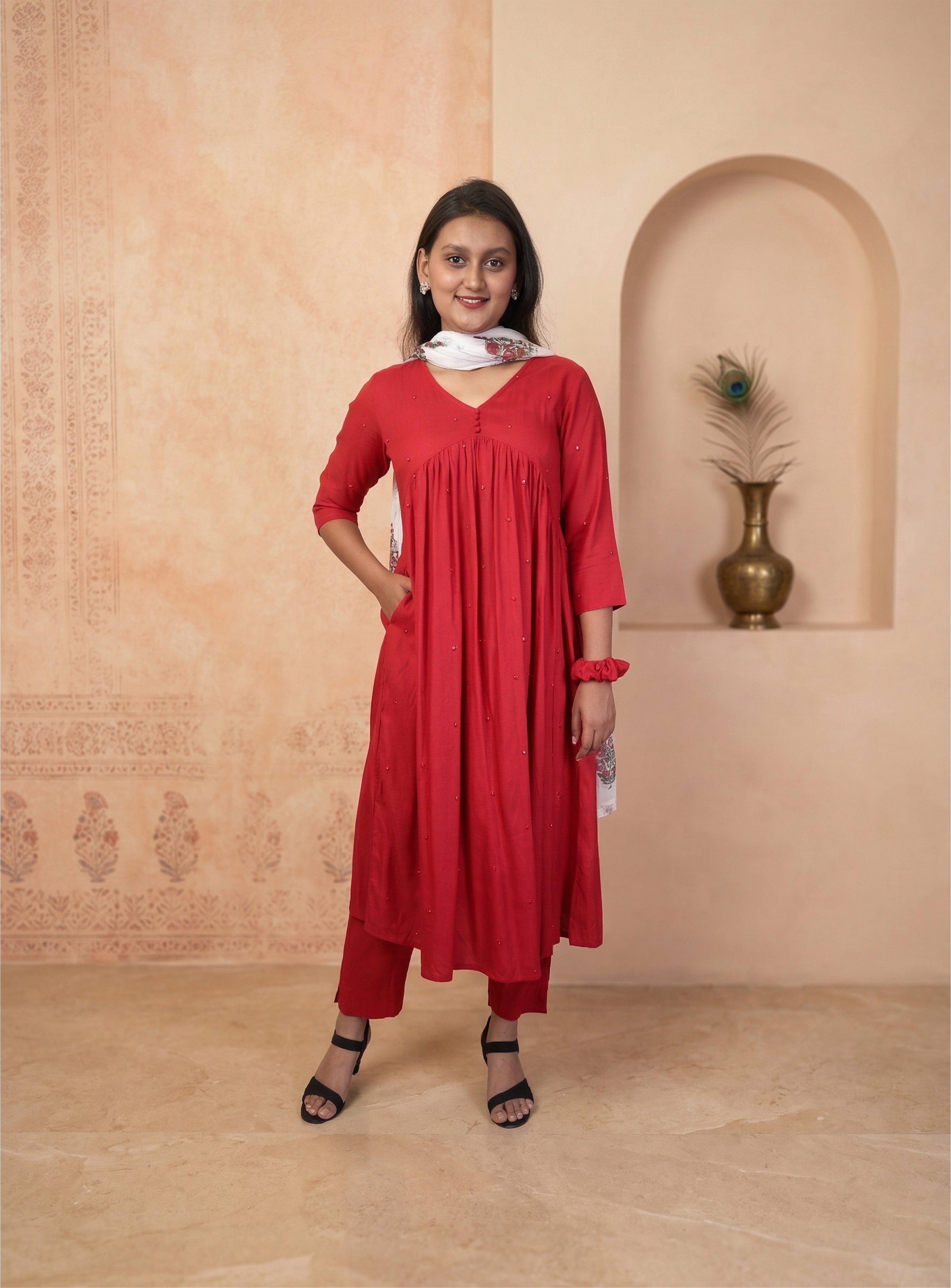 Red cotton blend anarkali suit set with dupatta