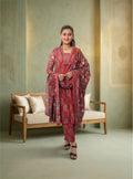 Red Printed Cotton A-line Suit-set with Dupatta