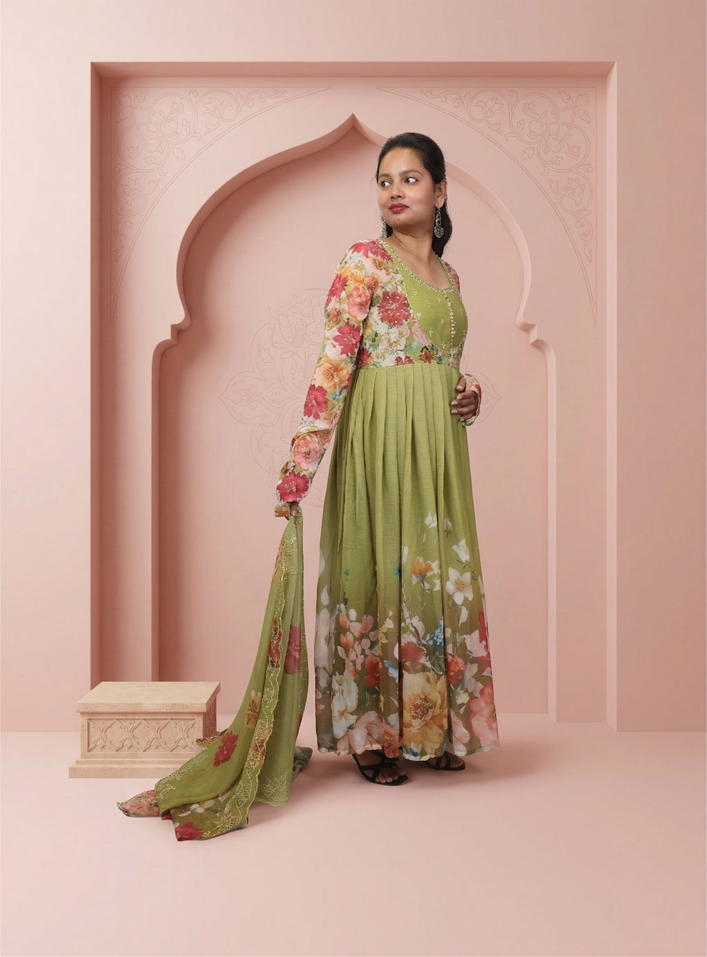 Green Printed chiffon anarkali set with dupatta
