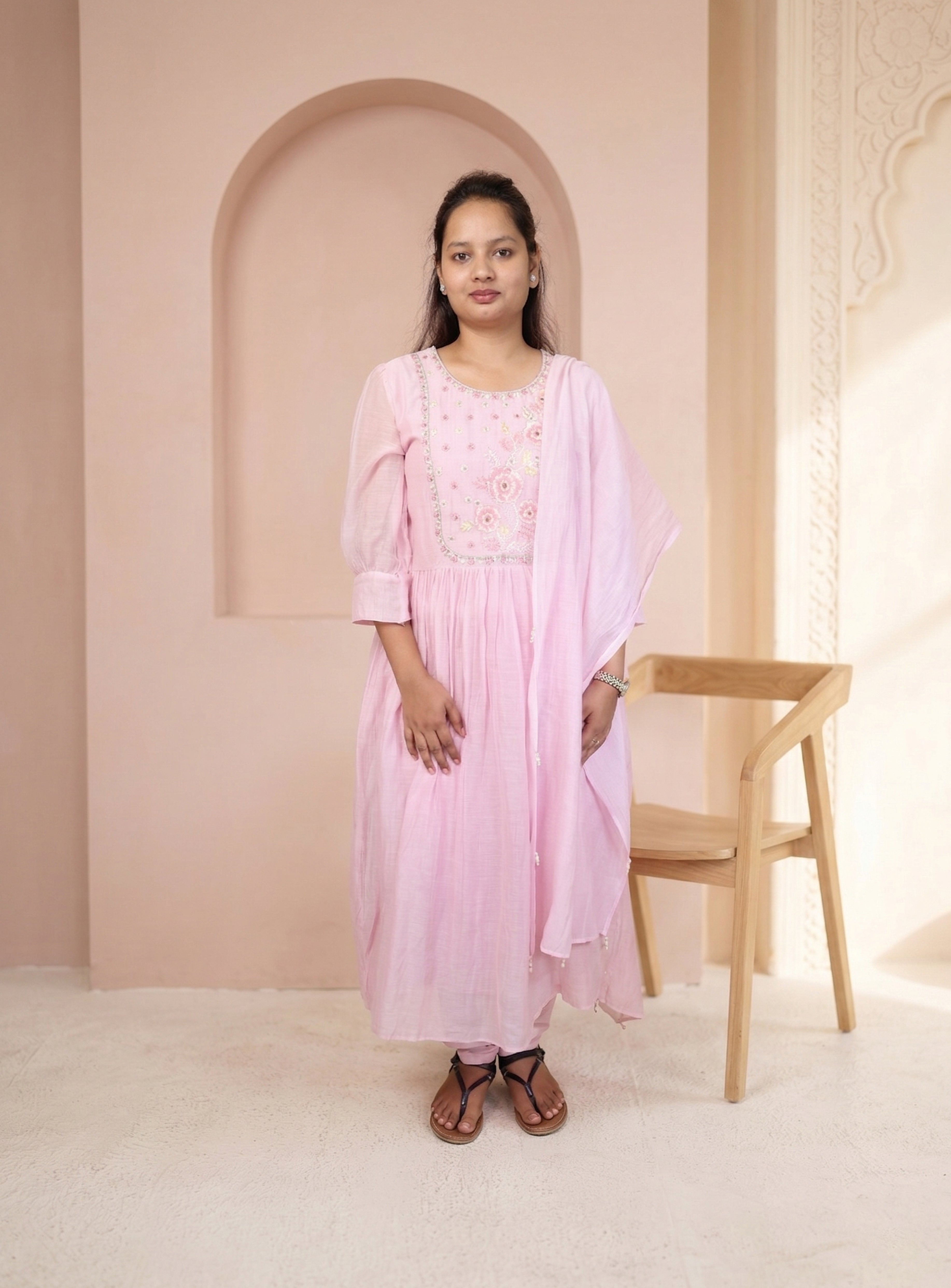 Pink Banarasi mul chanderi Anarkali set with dupatta