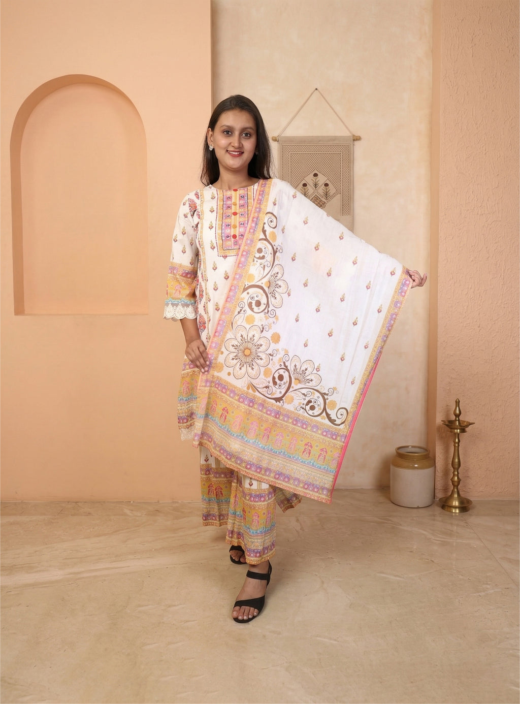 Off white mull cotton short anarkali suit set with dupatta
