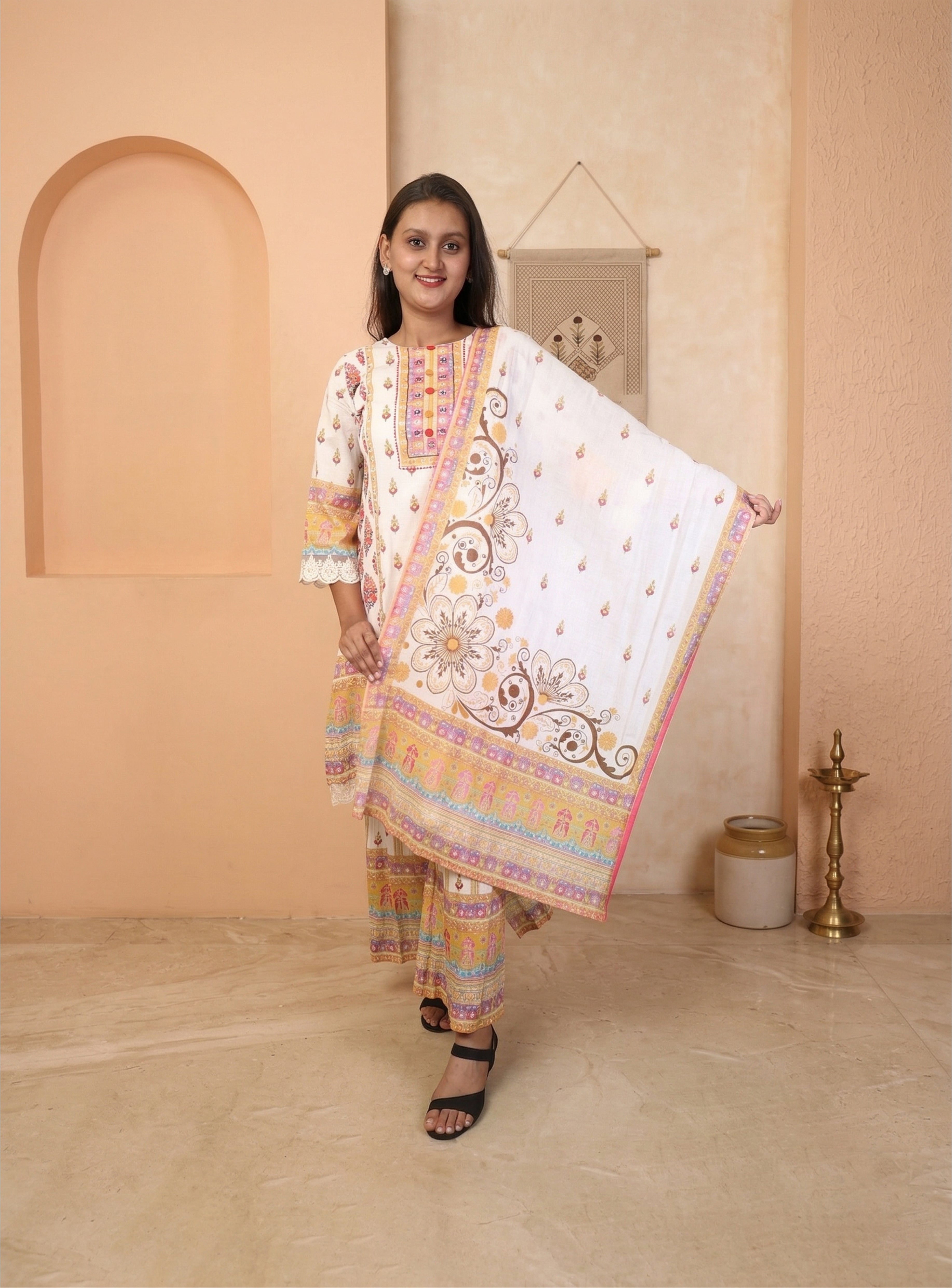 Off white mull cotton short anarkali suit set with dupatta