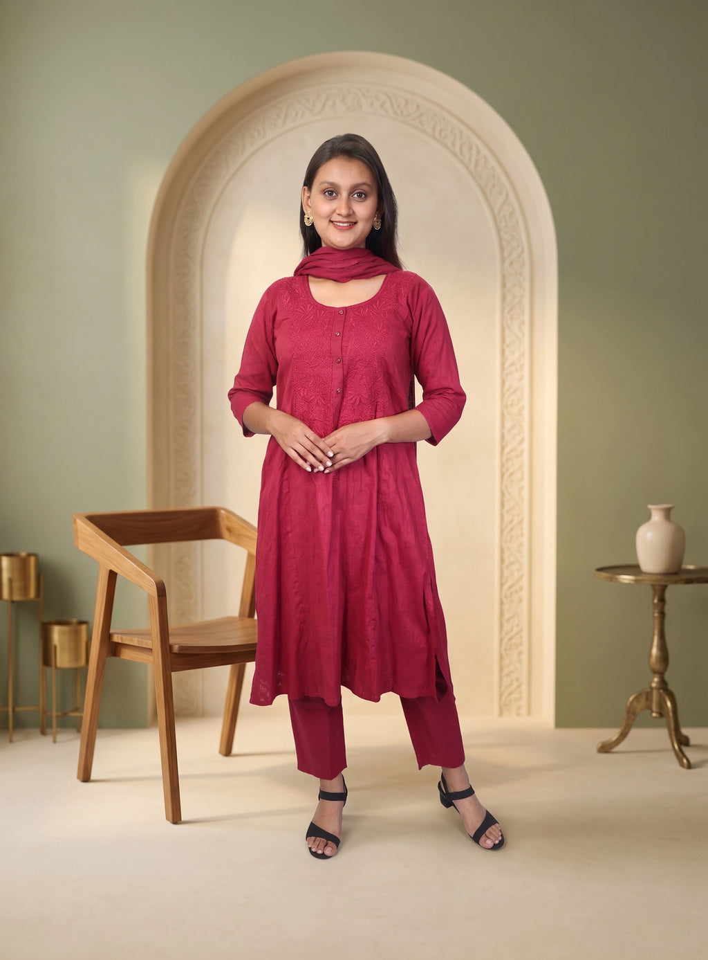 Bright maroon dobby cotton straight suit set with dupatta