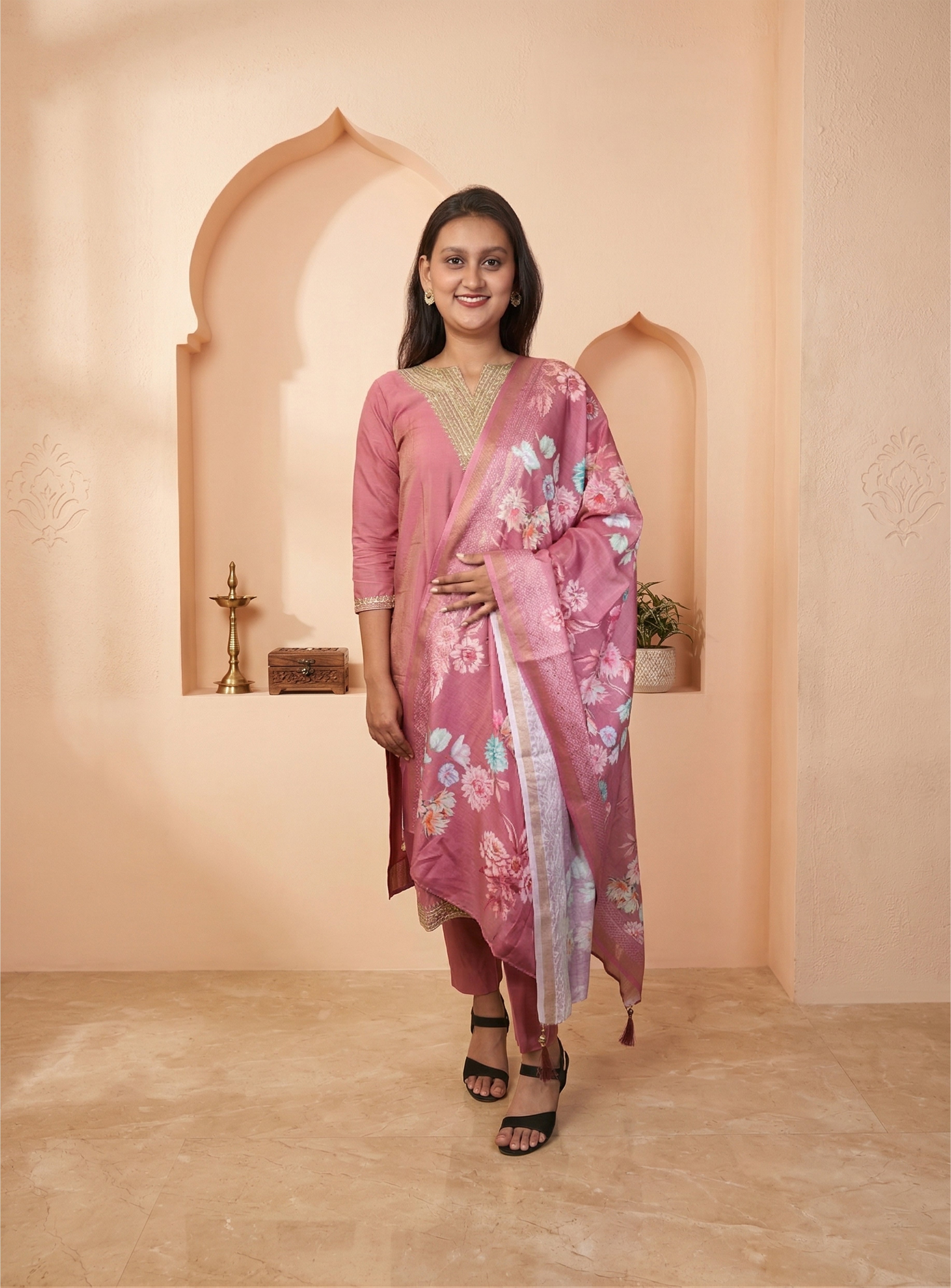 Rose pink silk blend shimmer straight suit set with dupatta