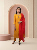 Mustard Banarasi Mul Chanderi A-line Suit-set with dupatta