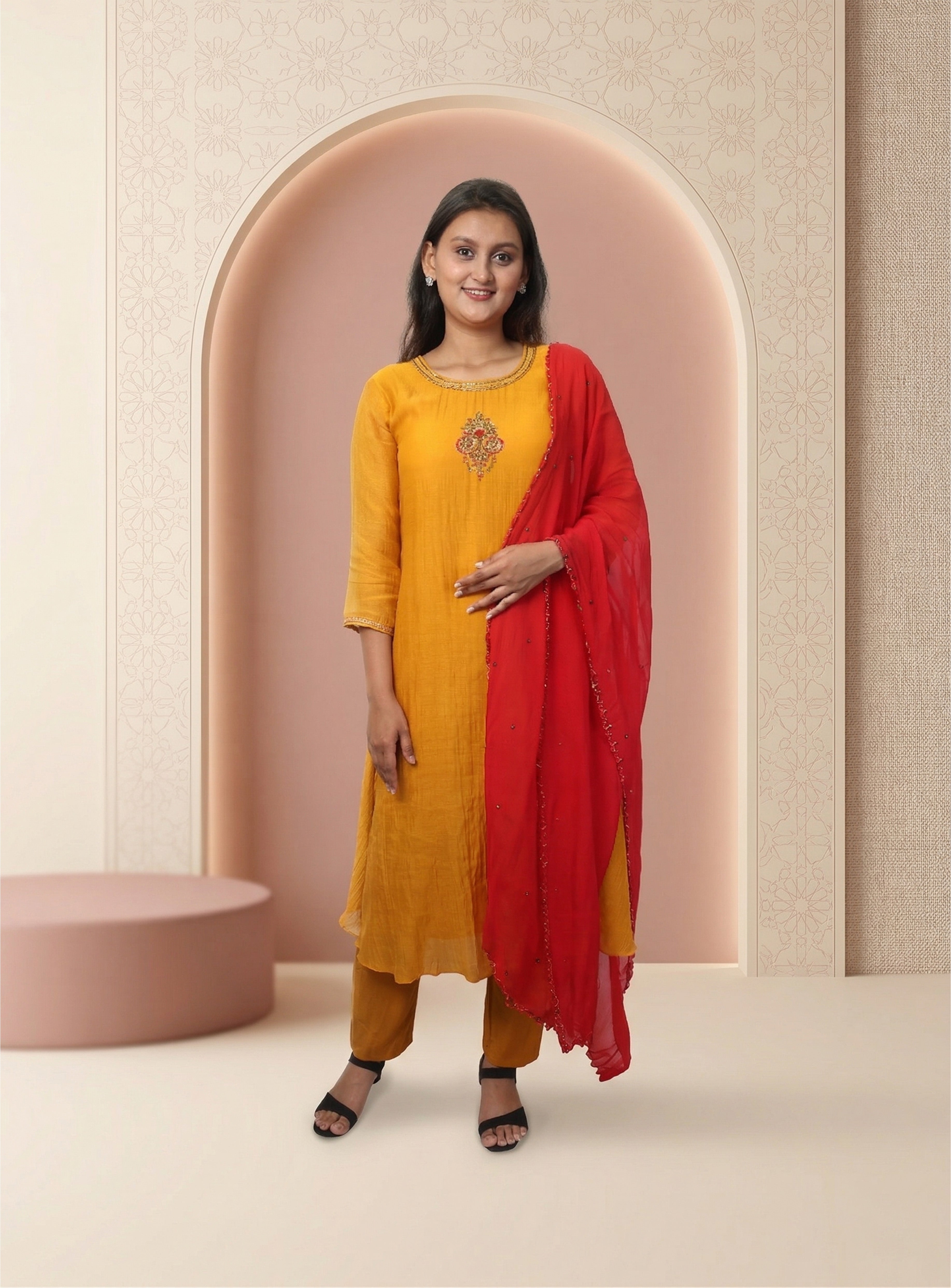 Mustard Banarasi Mul Chanderi A-line Suit-set with dupatta