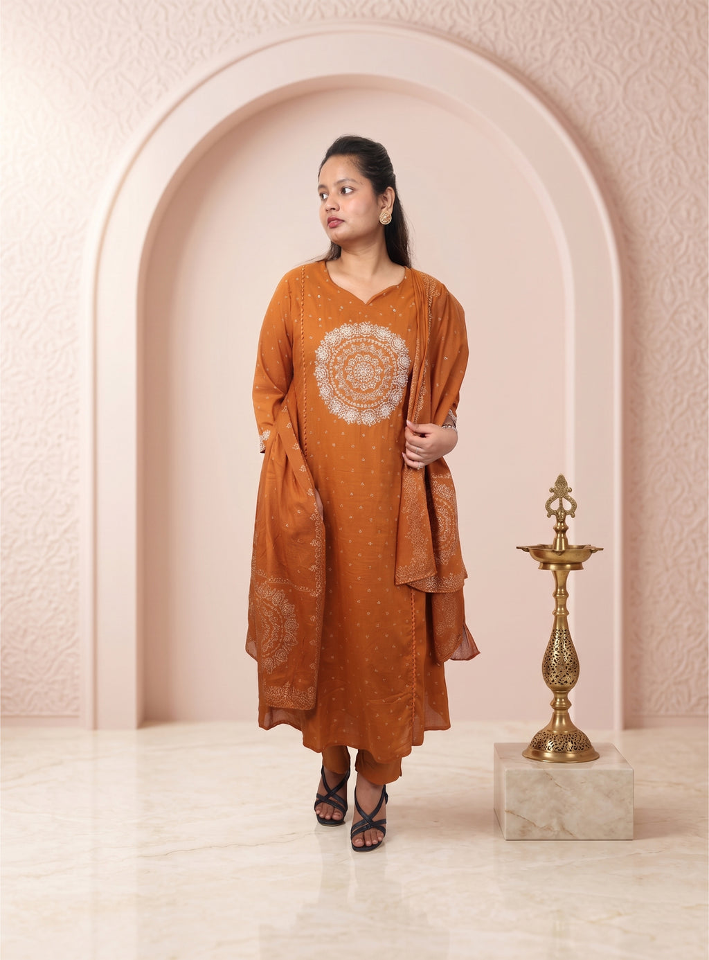 Rust orange Mull cotton A line Anarkali suit set with dupatta