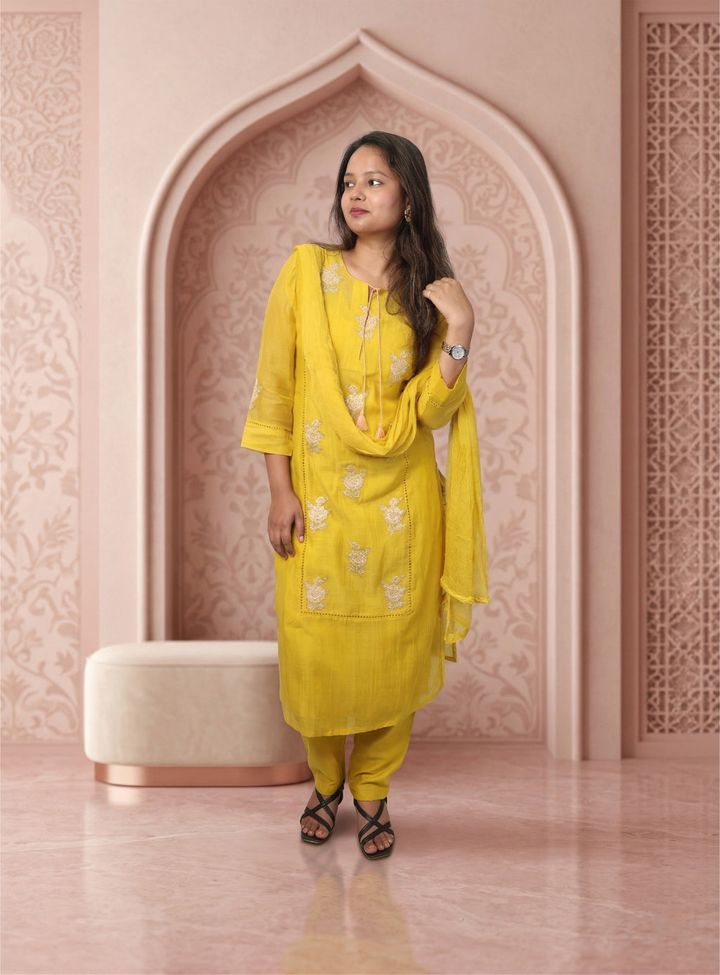 Yellow Banarasi mull chanderi straight handwork suit set with dupatta
