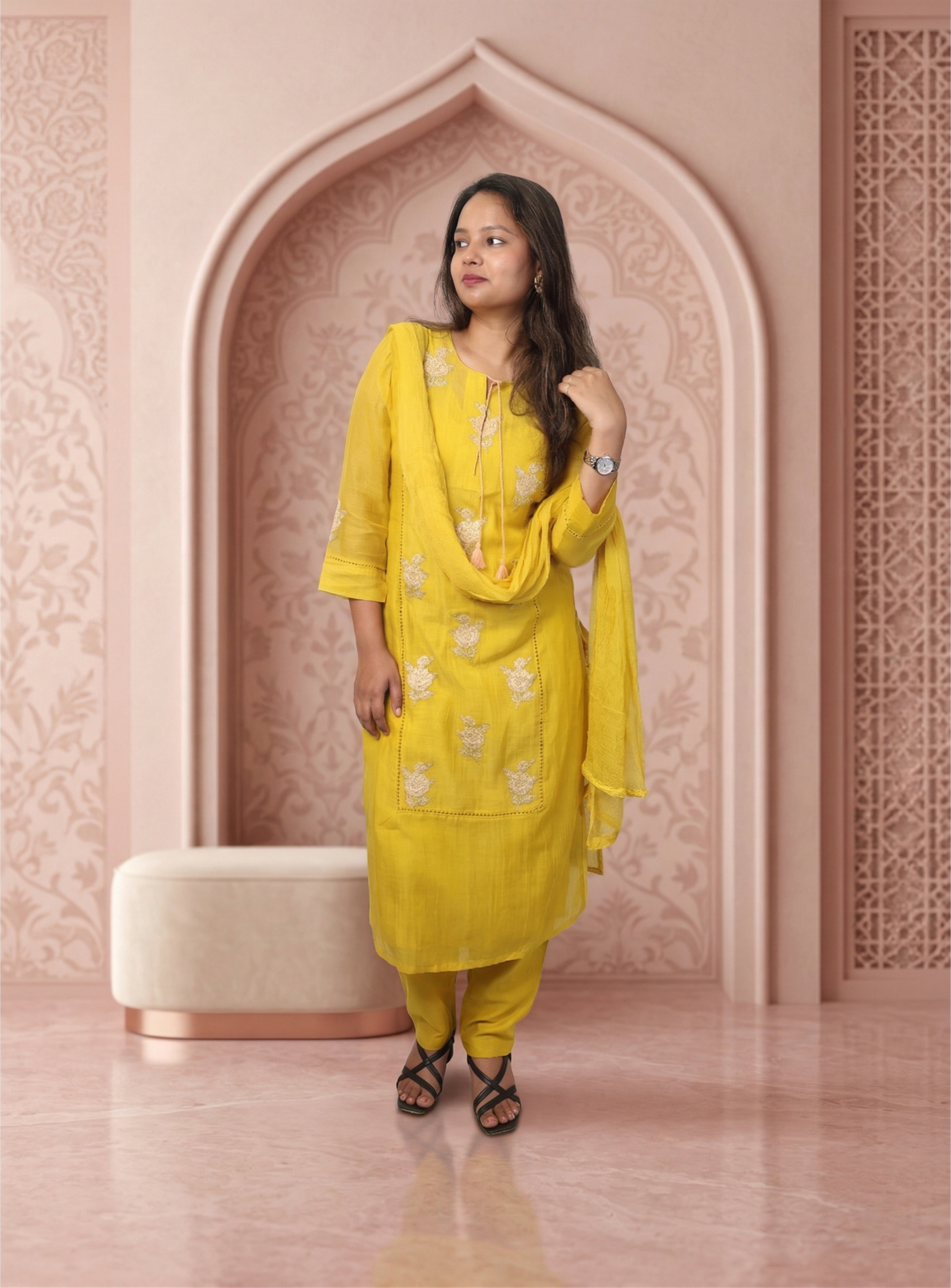 Yellow Banarasi mull chanderi straight handwork suit set with dupatta