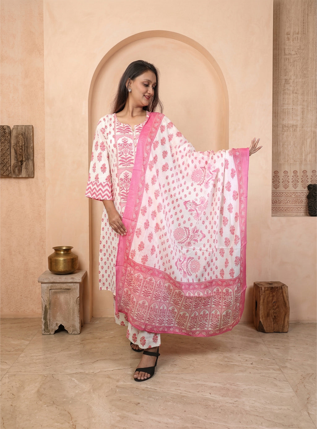 Pink and white cotton straight suit set with dupatta