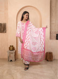 Pink and white cotton straight suit set with dupatta