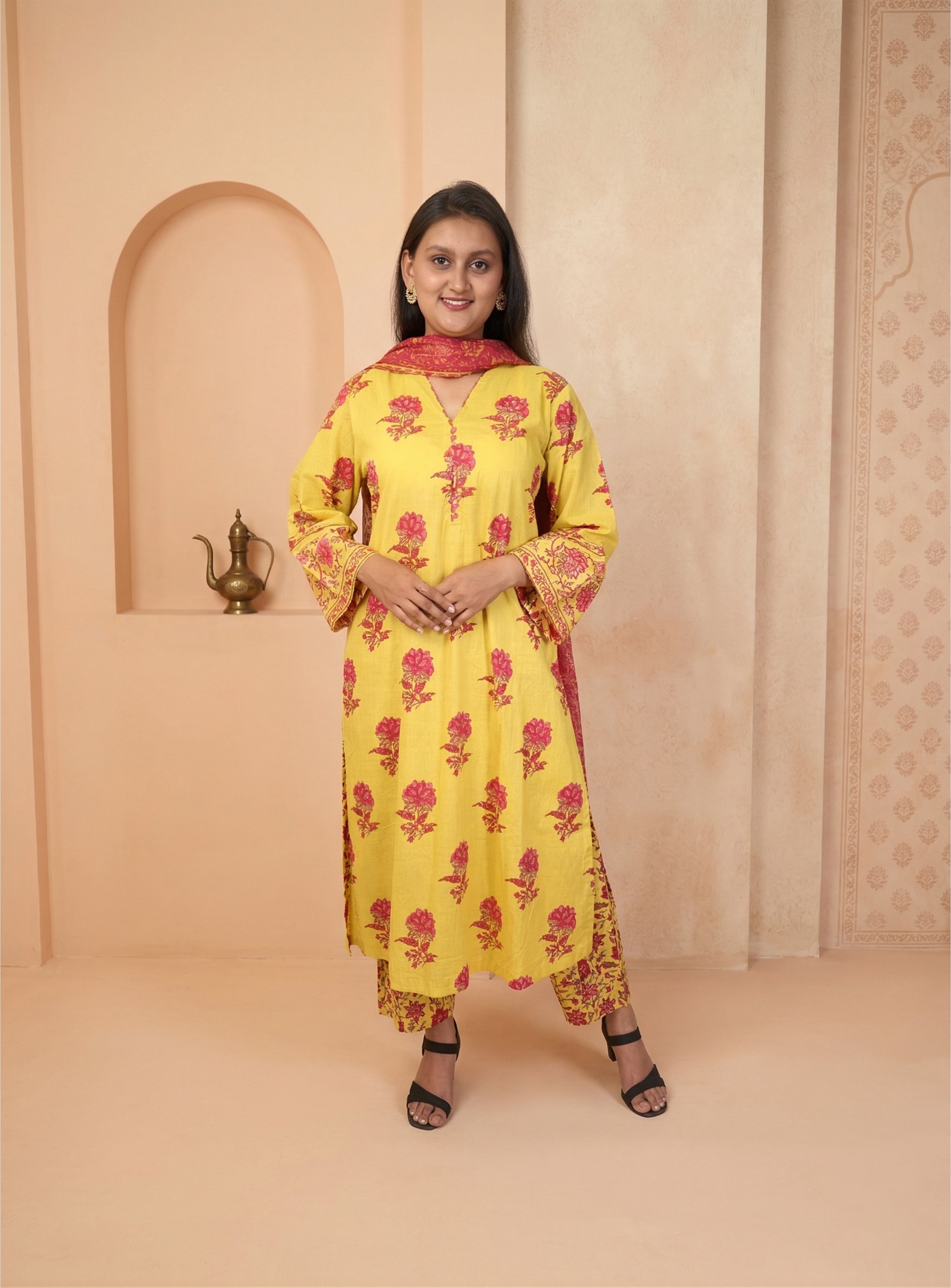 Yellow cotton block print straight suit set with kota doriya dupatta