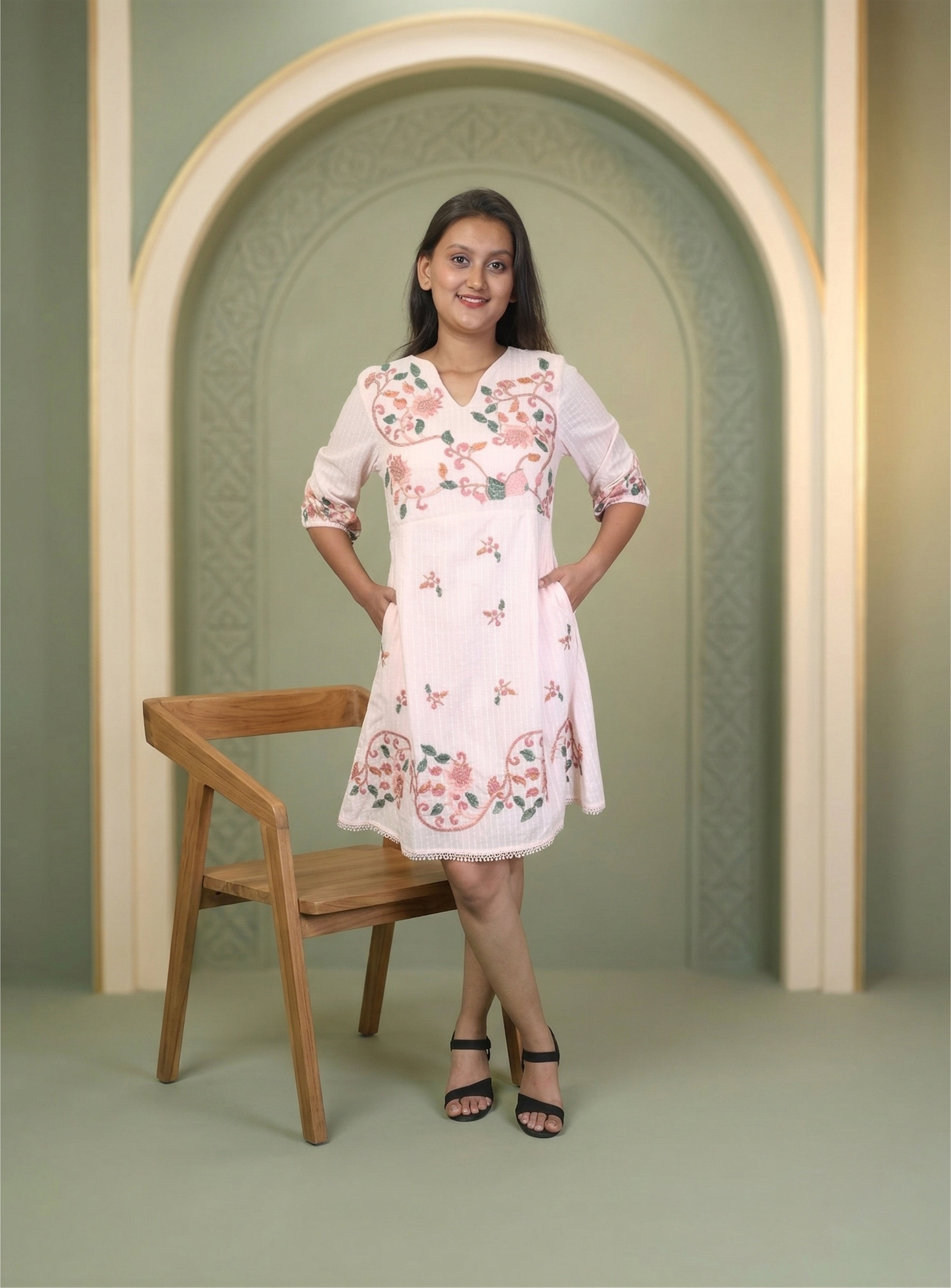Baby Pink Thread work cotton A-line Dress