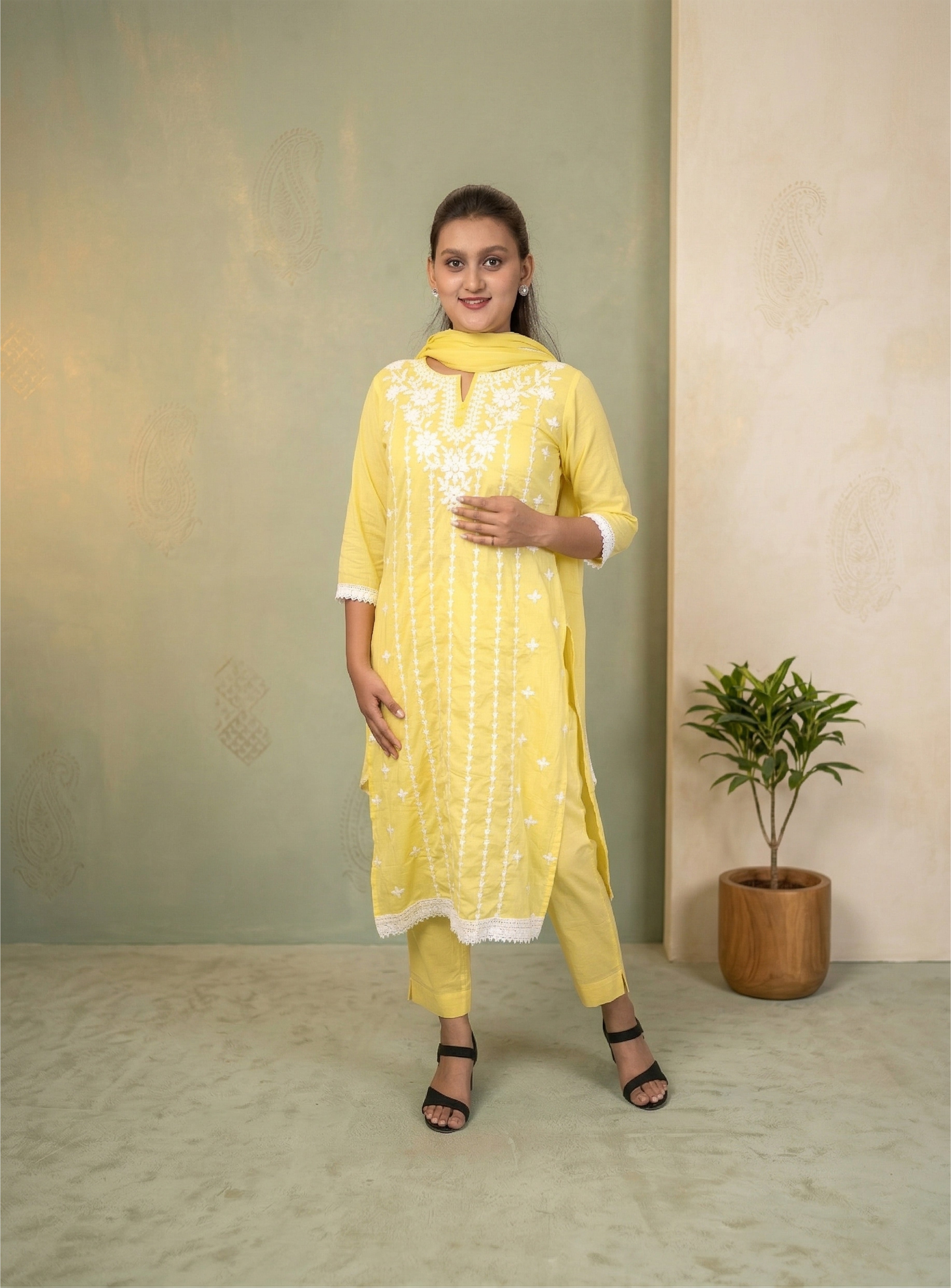 Yellow kora cotton straight suit set with dupatta
